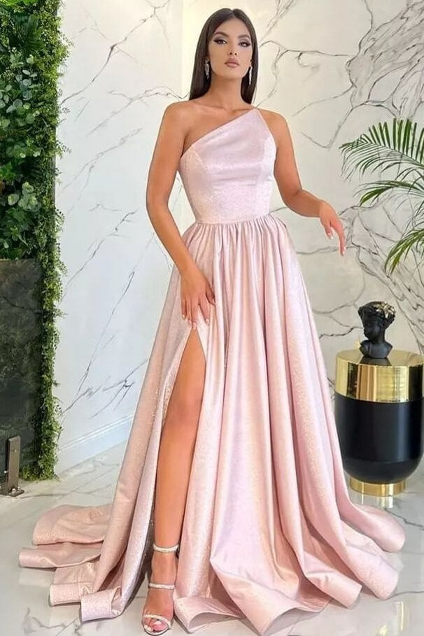 Modest Light Pink One Shoulder Sleeveless Evening Dress With Split