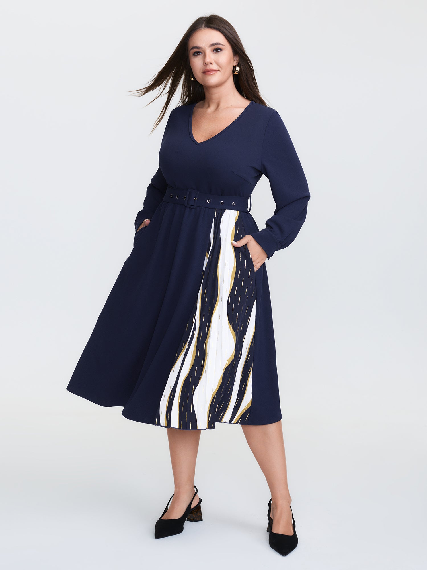 Tie-Dye Side Pleated Belted Midi Dress