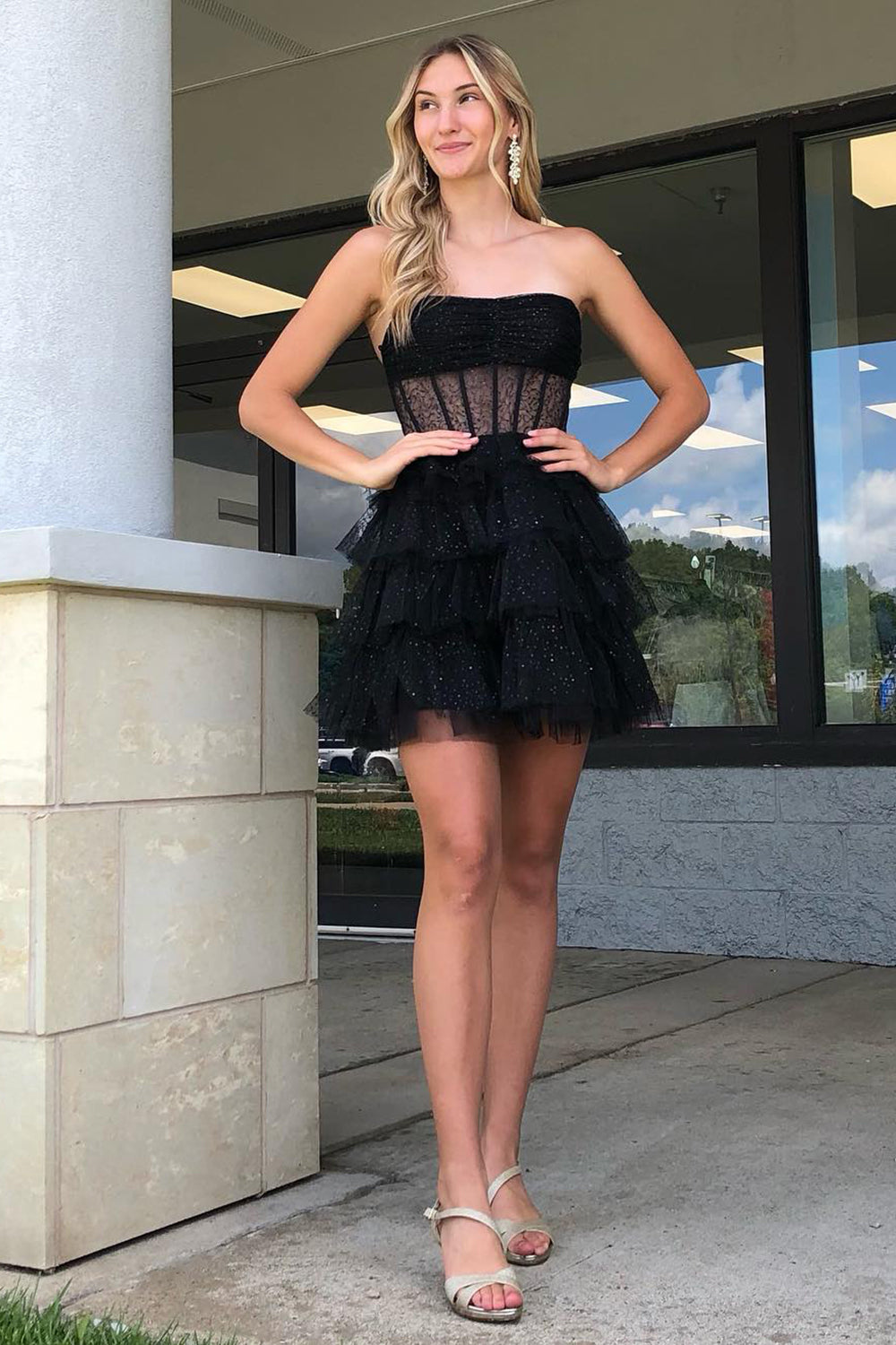 Glitter Black Corset Tiered A-Line Tulle Short Homecoming Dress/Mini Dress