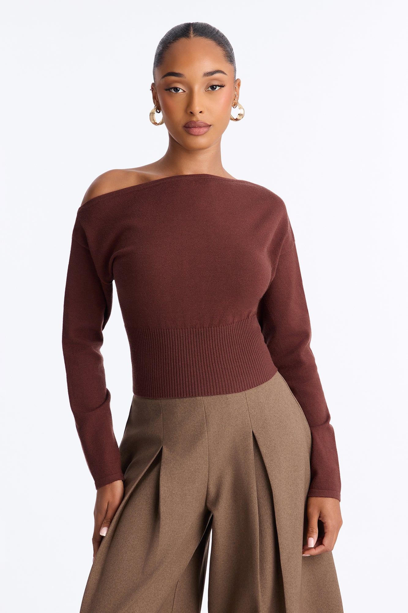 Serena One Shoulder Pullover Sweater - Brown