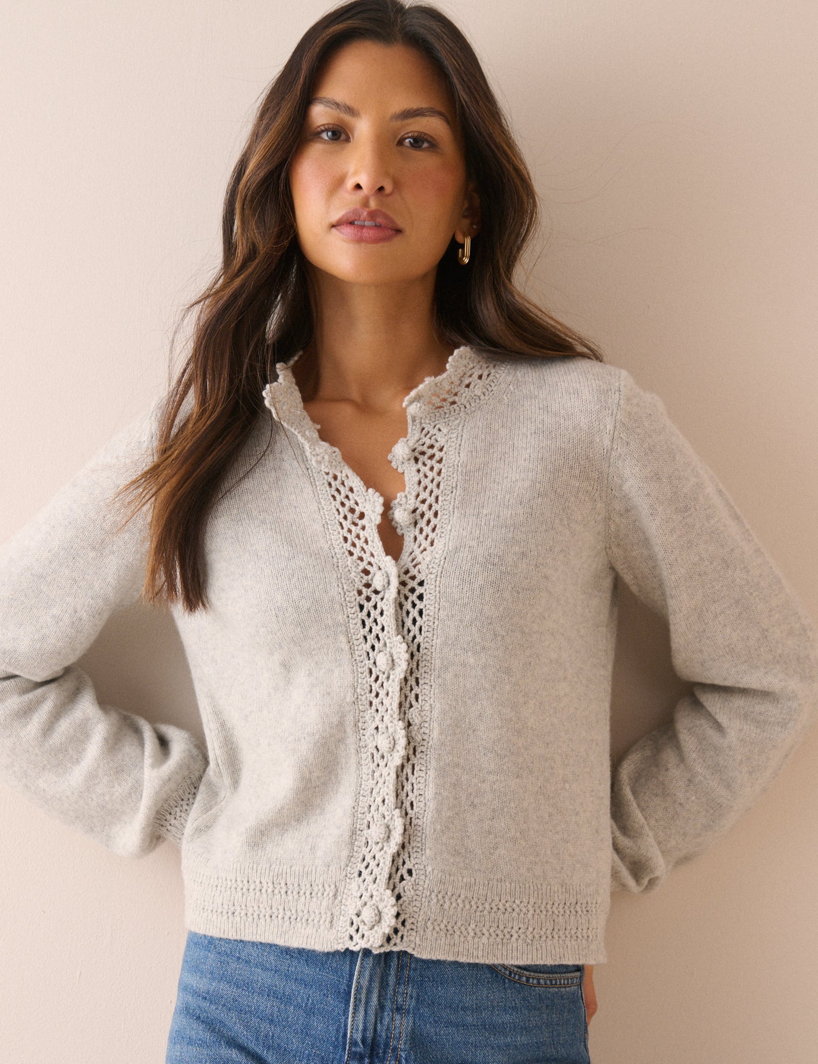 Grey Wool-Blend Crochet Trim Crew Neck Cardigan