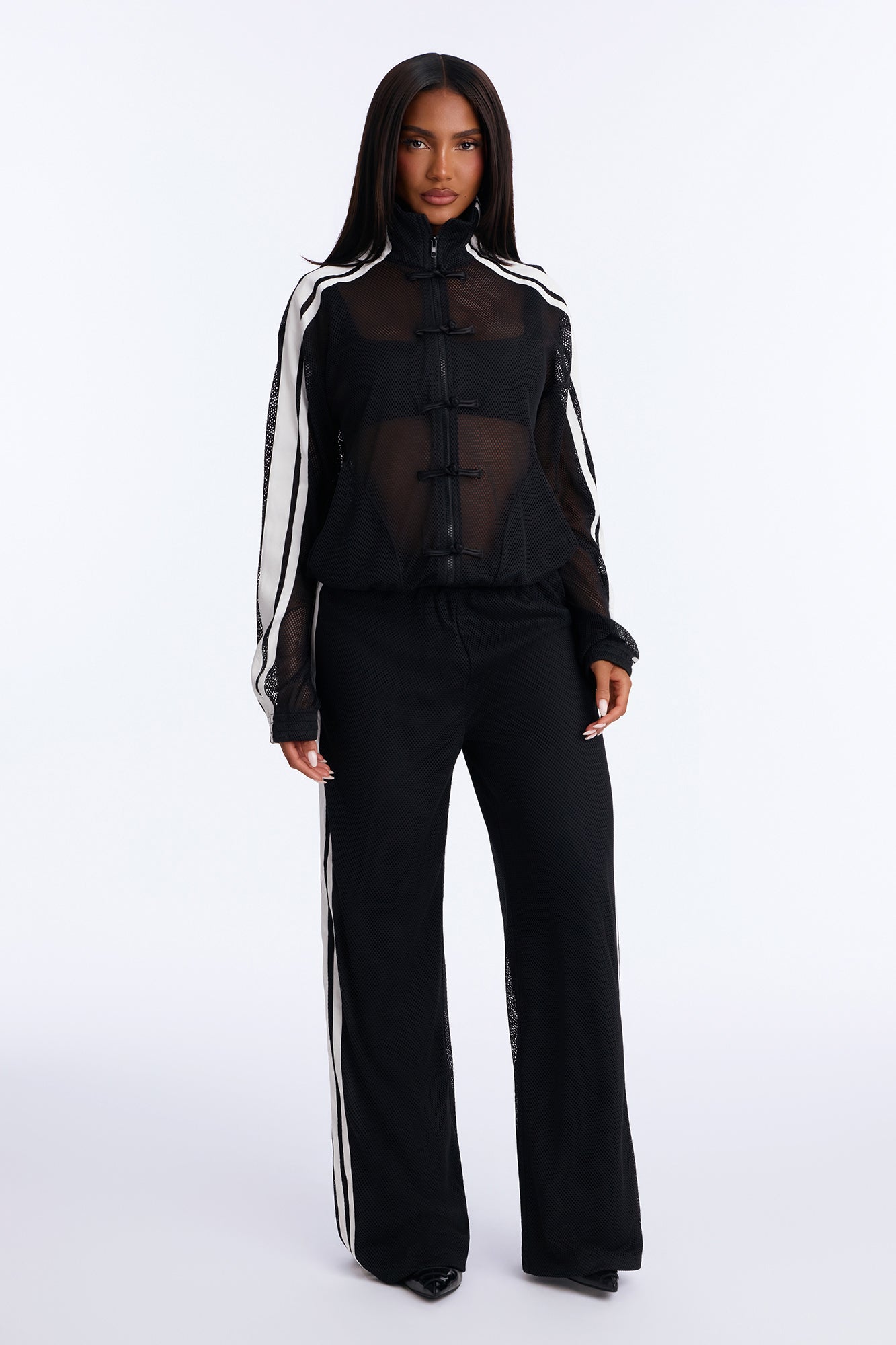 Valentina Frog Clasp Jersey Mesh Pant Set - Black
