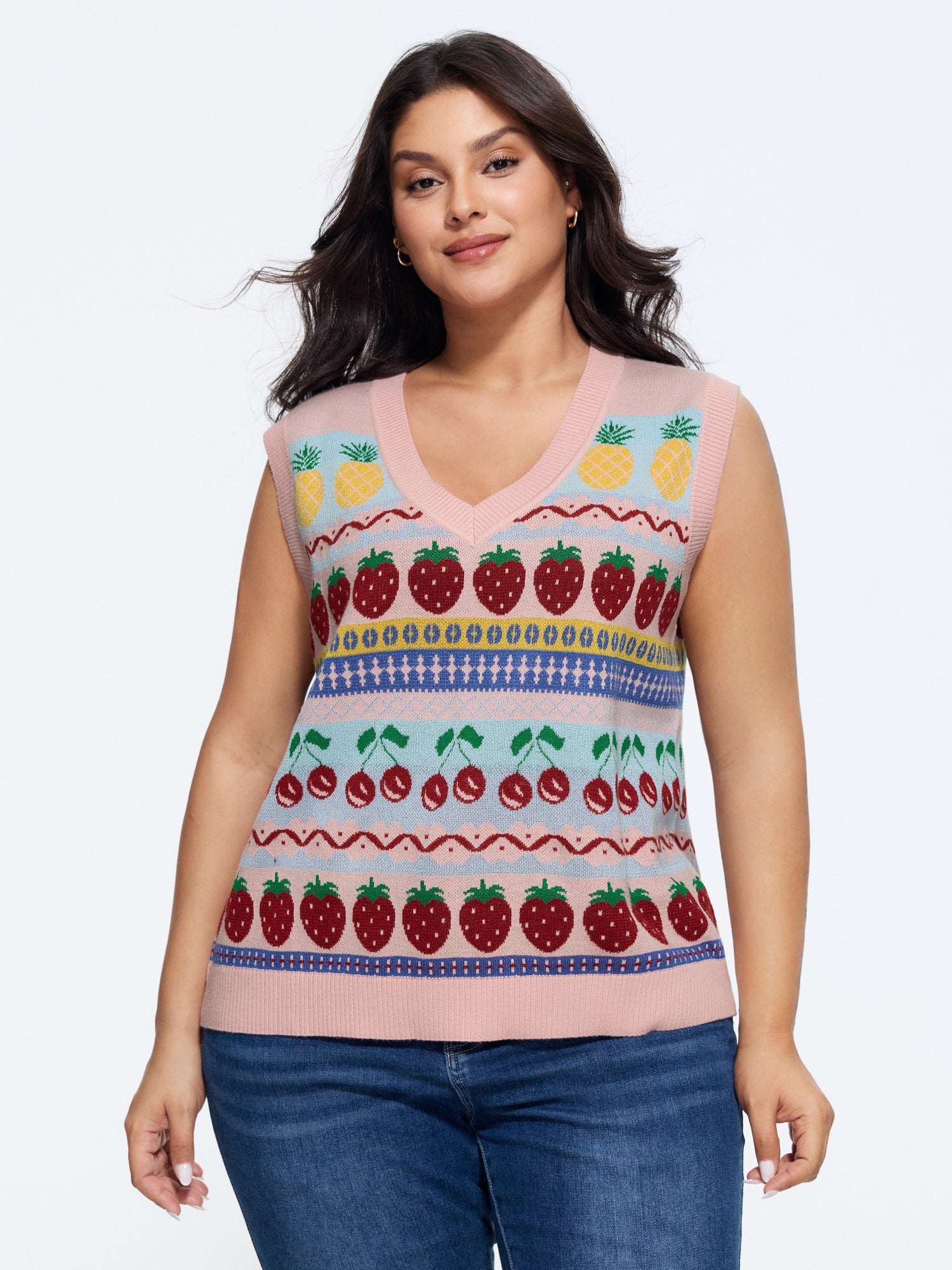 Supersoft V‑Neck Fruit Jacquard Pattern Sweater Vest