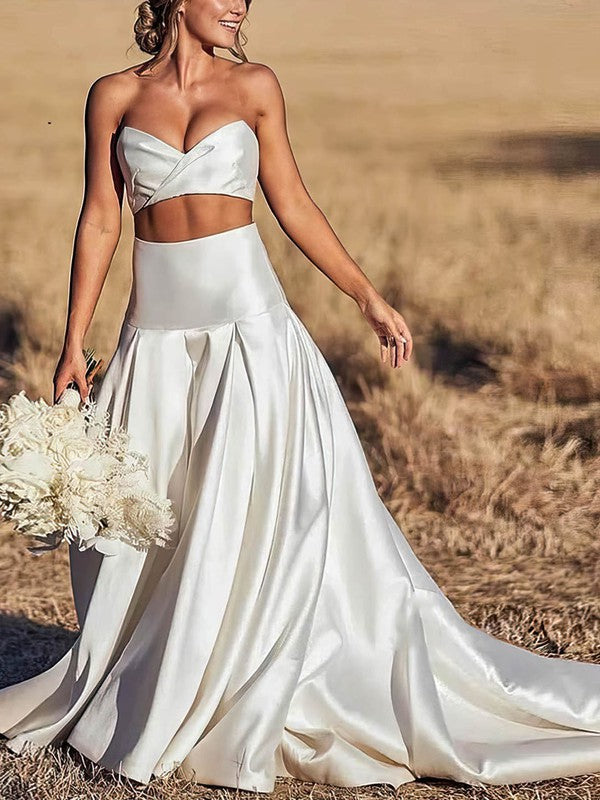 Beautiful Two-Piece Strapless V-Neck Satin A-Line Wedding Dresses with Sweep Train