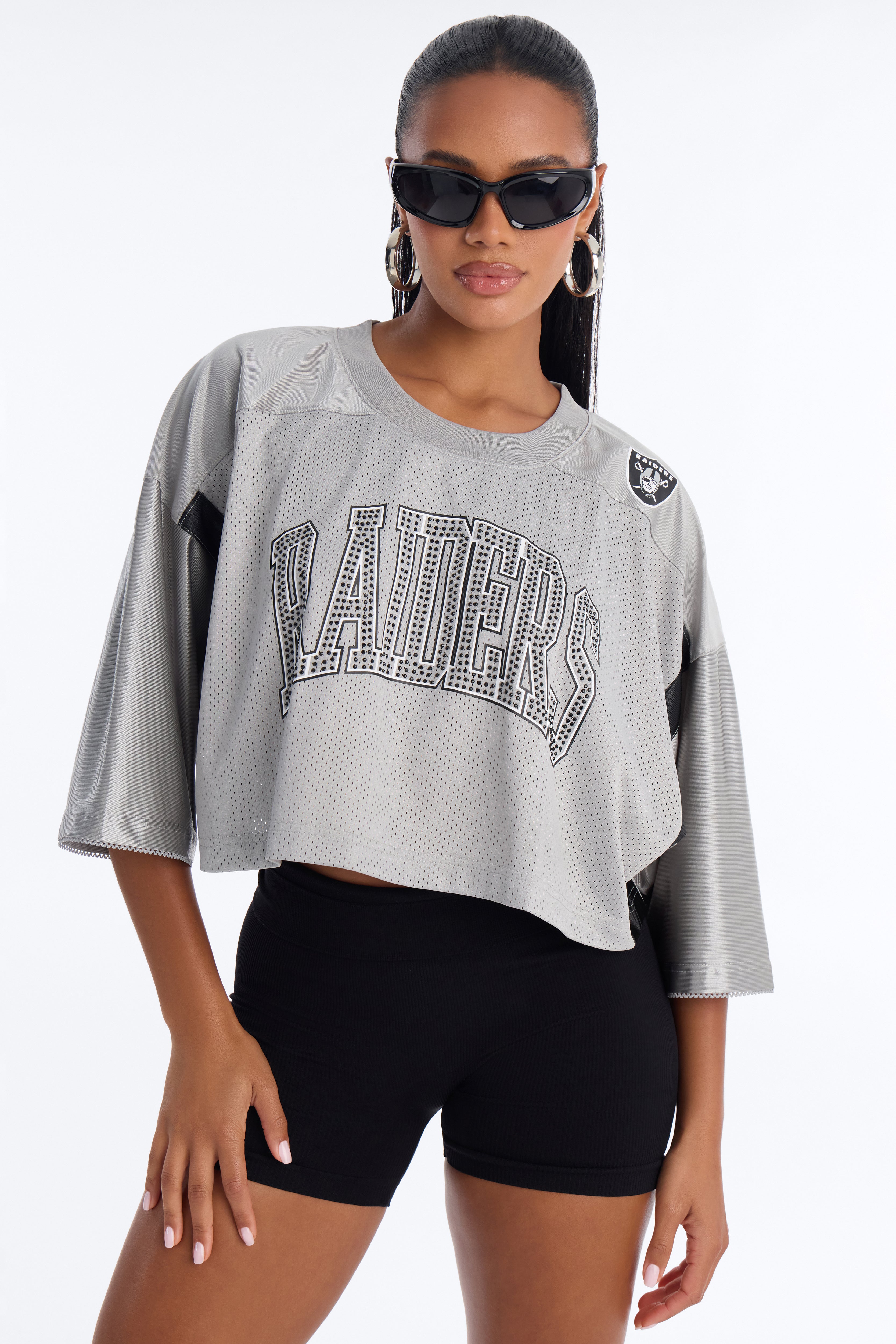 NFL Raiders Rhinestone Cropped Top - Grey