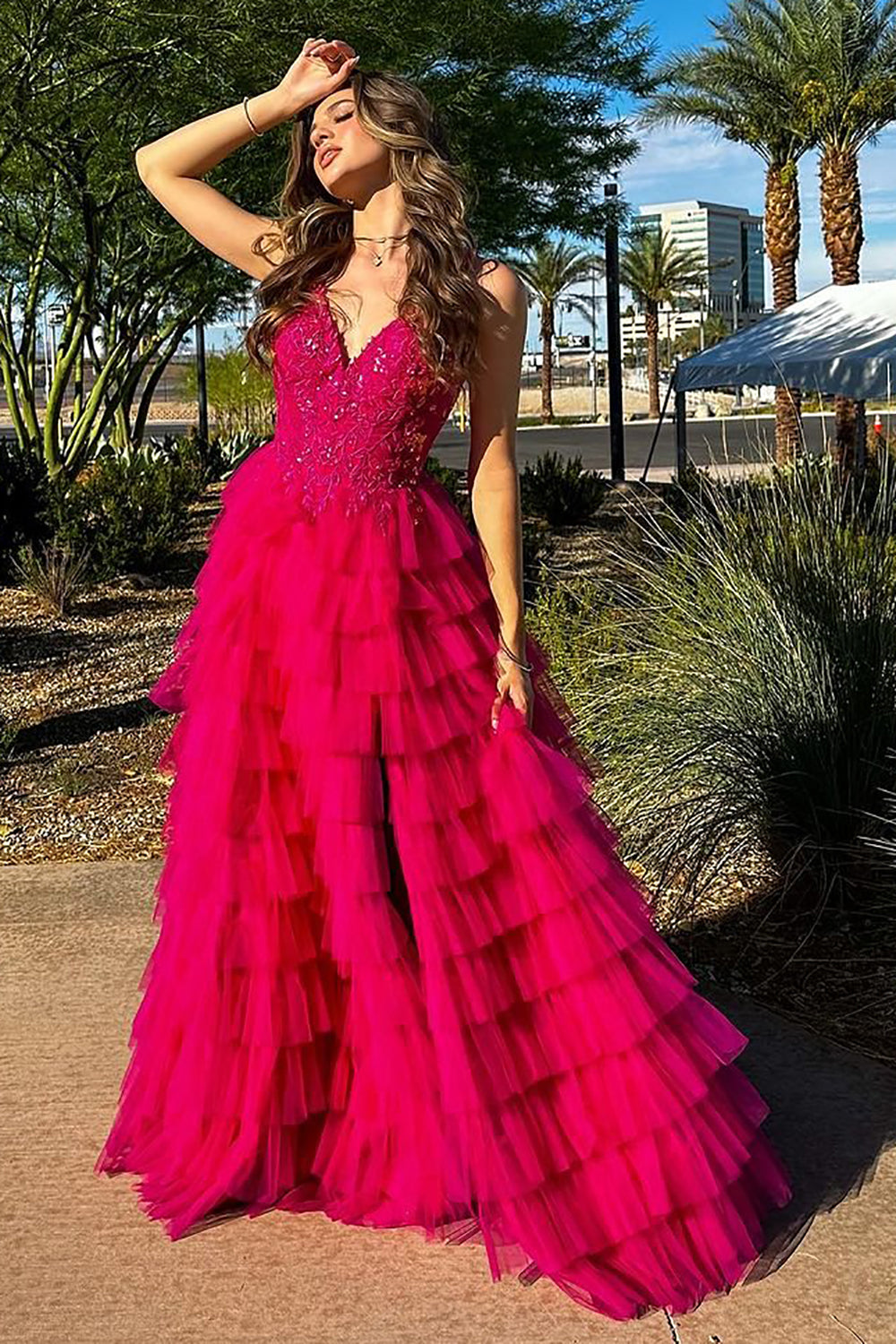 Elegant Fuchsia Long Prom Dress with Spaghetti Straps and A-Line Ruffles