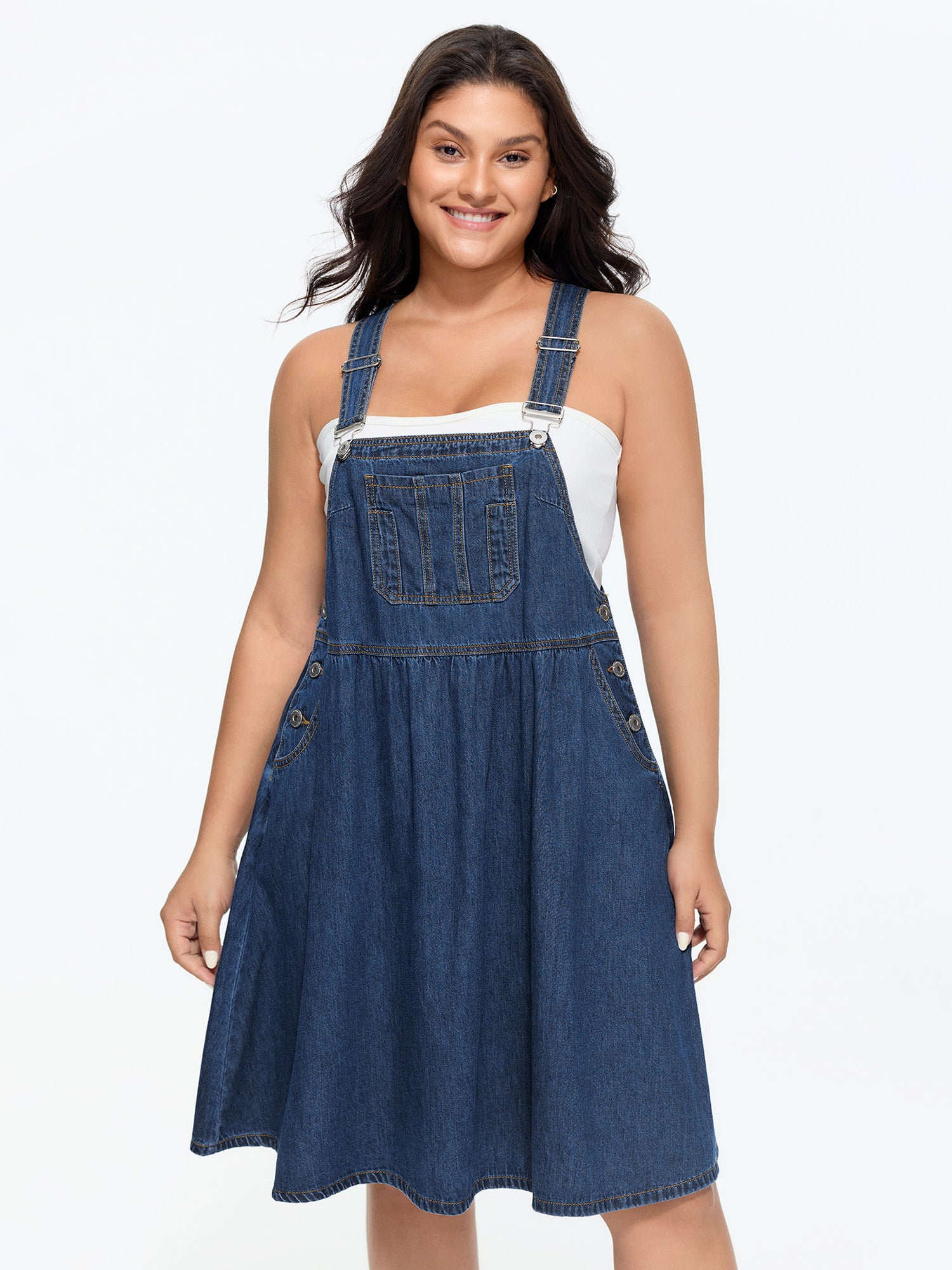 Stretchy Overall Straps Pleated Mini Denim Dress