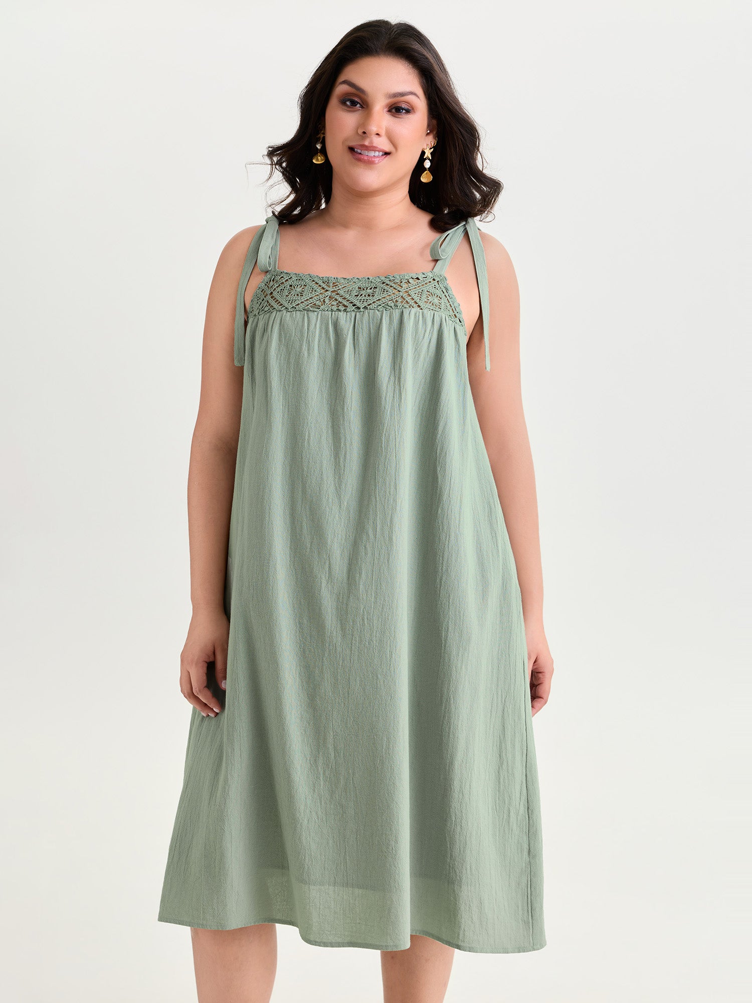 Cotton Cut-Out Neckline Shoulder Tie Flowy Midi Dress