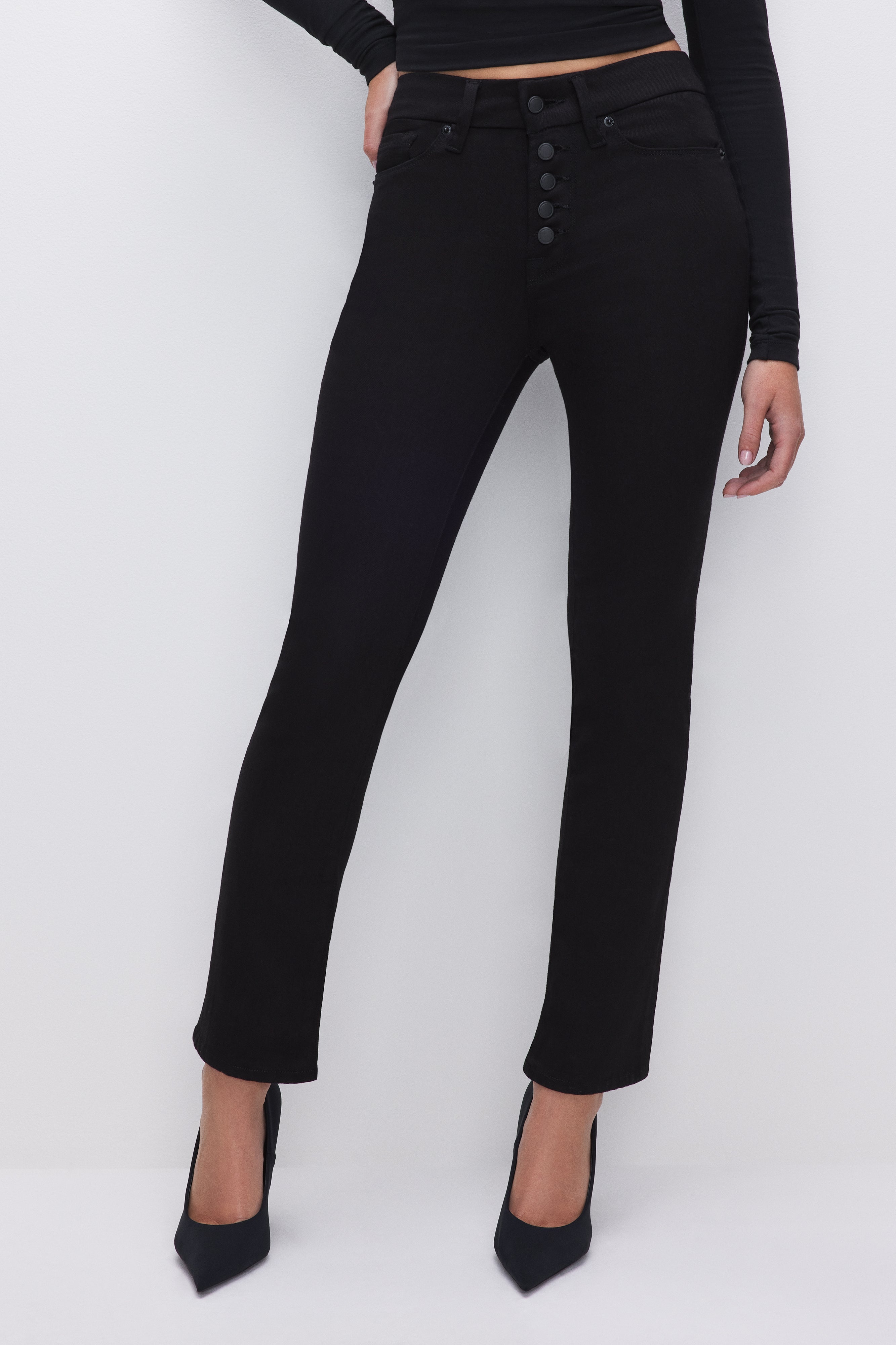 NEVER FADE BUTTON FRONT GOOD LEGS STRAIGHT JEANS | BLACK001