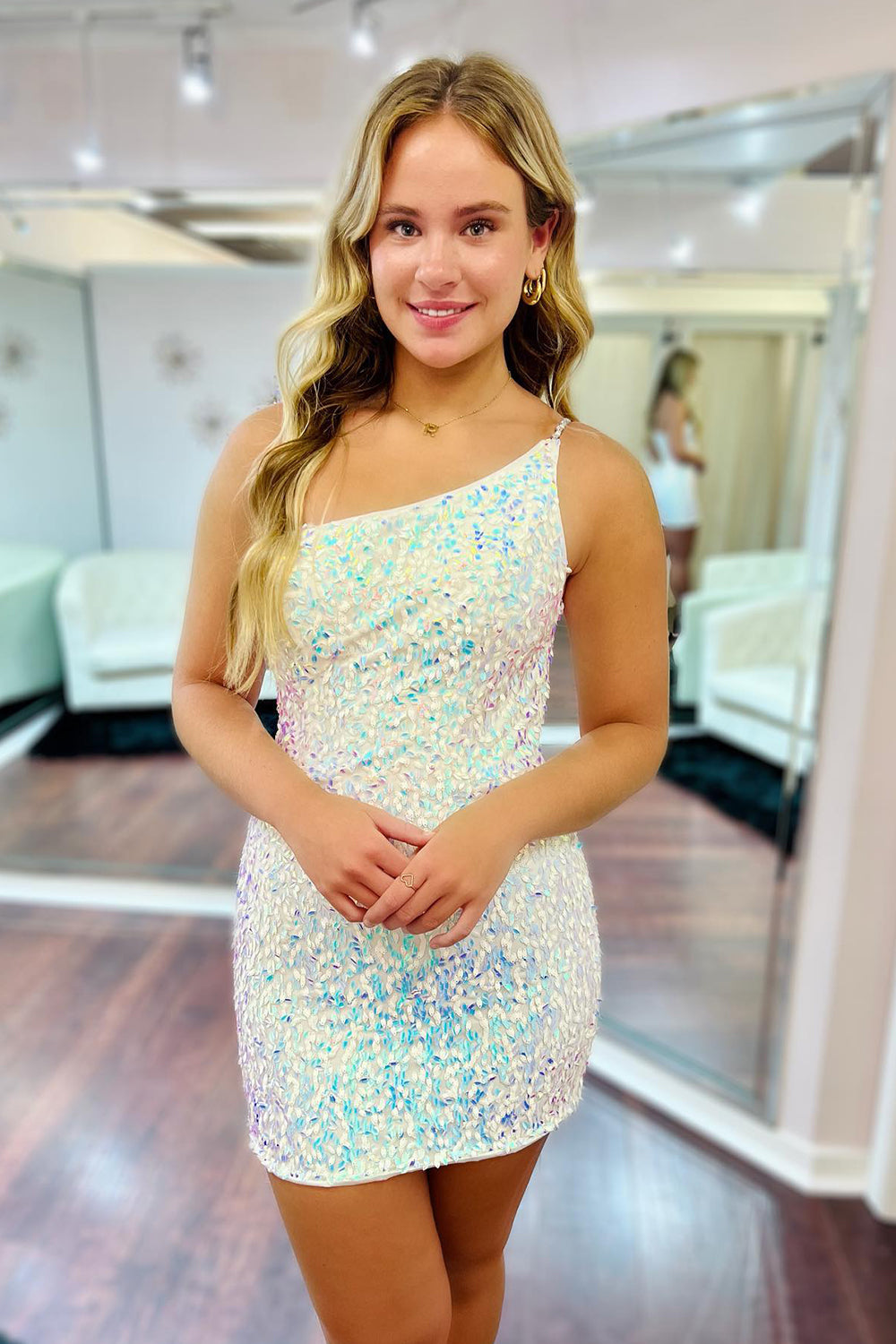 White Open Back One Shoulder Sequins Tight Short Homecoming Dress/Mini Dress
