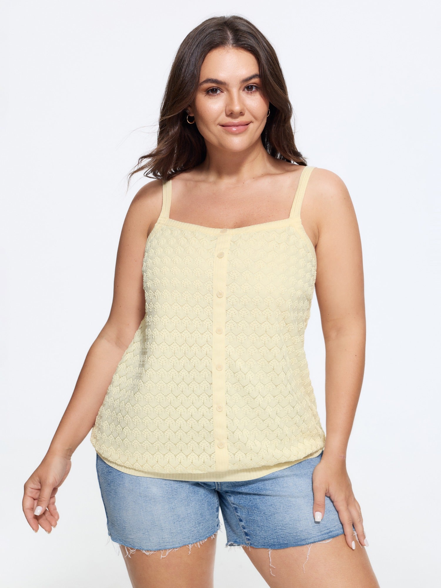 Textured Button Front Square Neck Tank Top