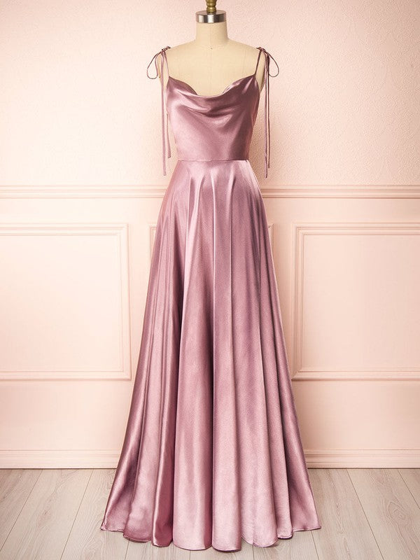 Glamorous A-Line Cowl Neck Sleeveless Split Front Bridesmaid Dresses in Silk-like Satin with Sweep Train
