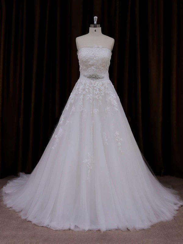Chic Strapless Ball Gown Tulle Court Train Wedding Dresses with Sash