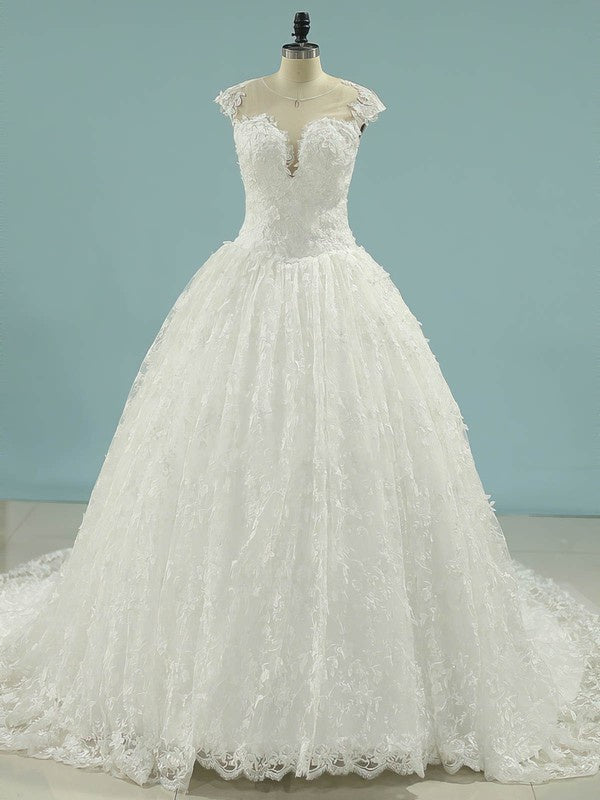 Deluxe Lace Jewel Neck Ball Gown Chapel Train Wedding Dresses