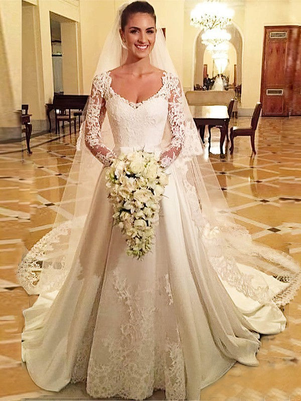 Deluxe Scoop Neck Long Sleeves Lace Satin Court Train Ball Gown Wedding Dresses