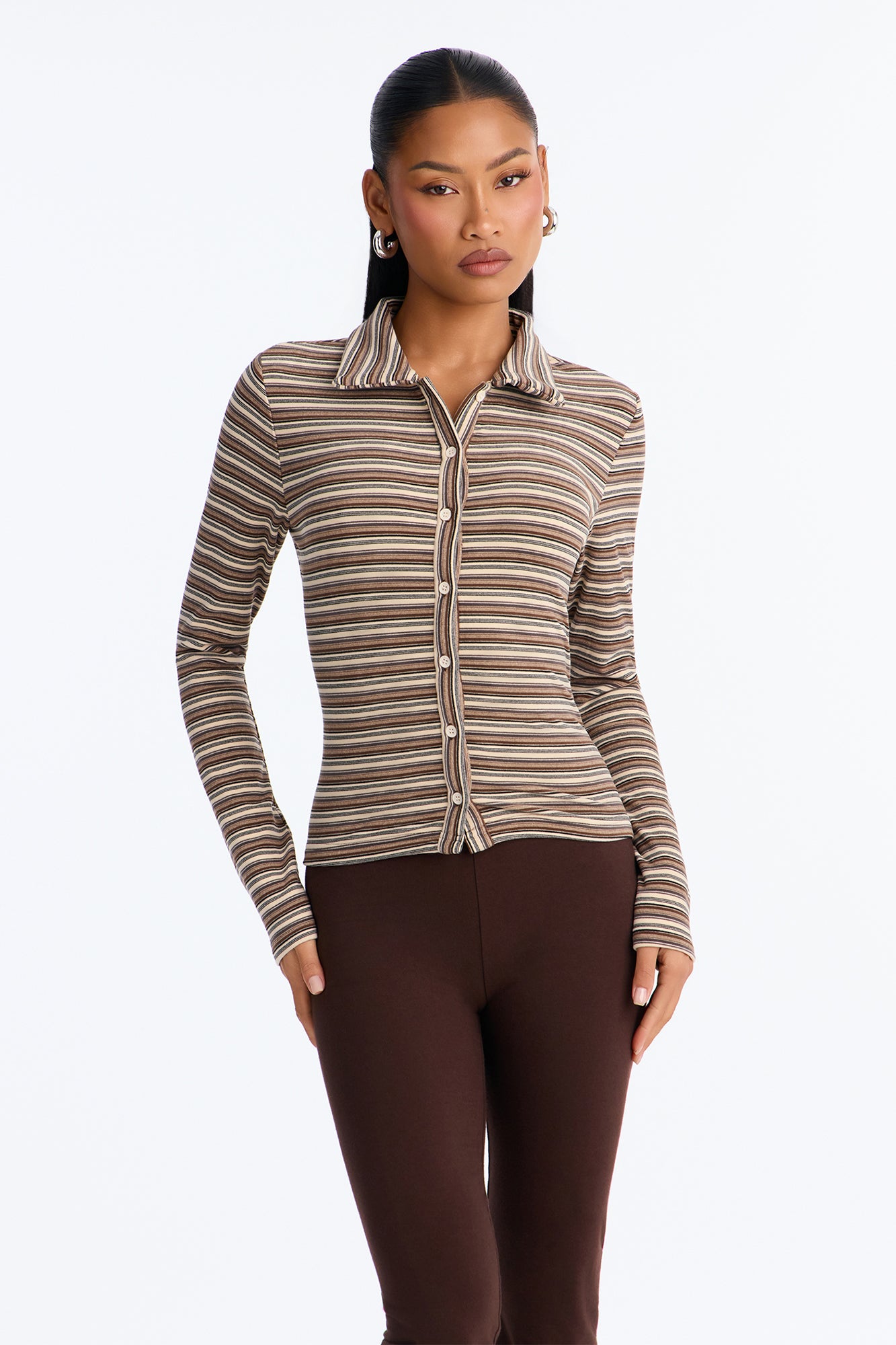 Trudy Striped Button Up Shirt - Taupe/combo