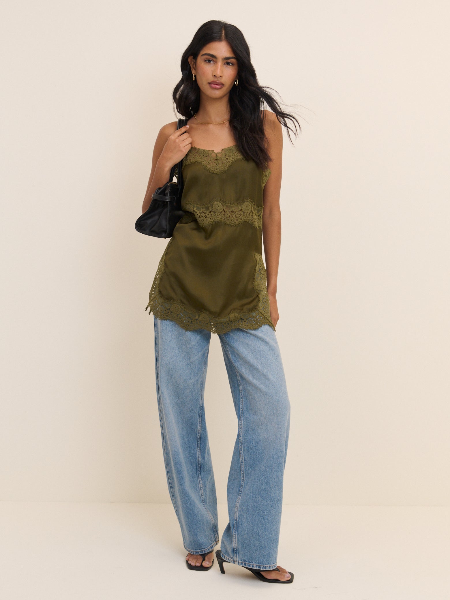 Khaki Lace Trim Satin Cami Top