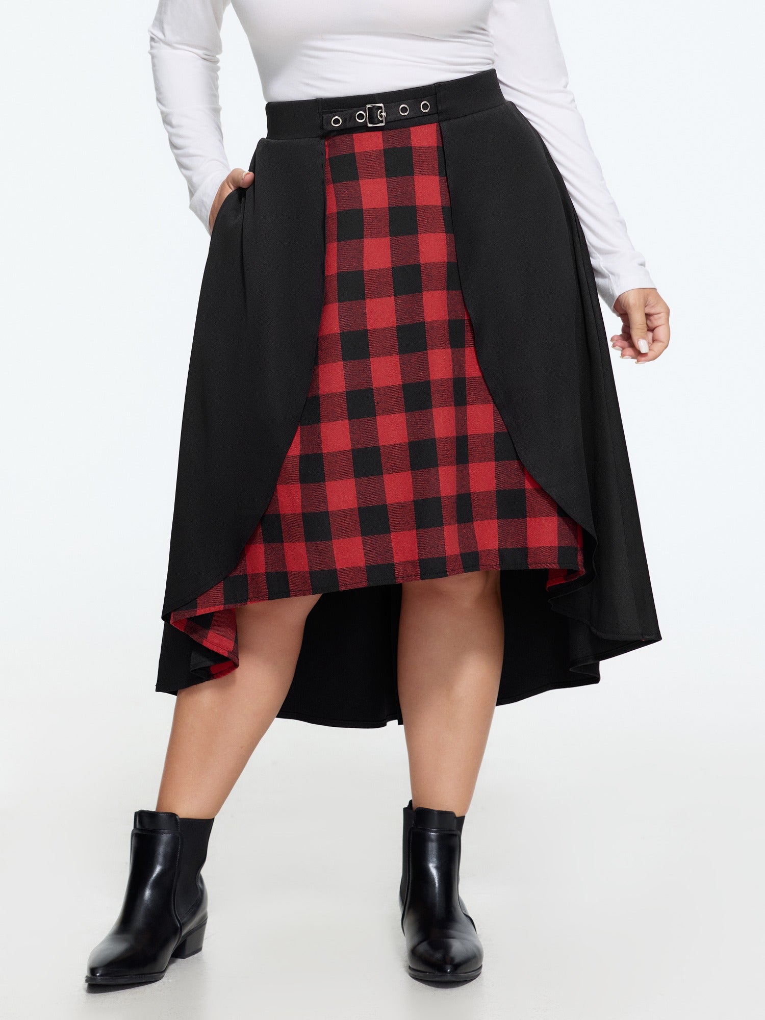 Plaid Patchwork High‑Low Hem Midi Skirt