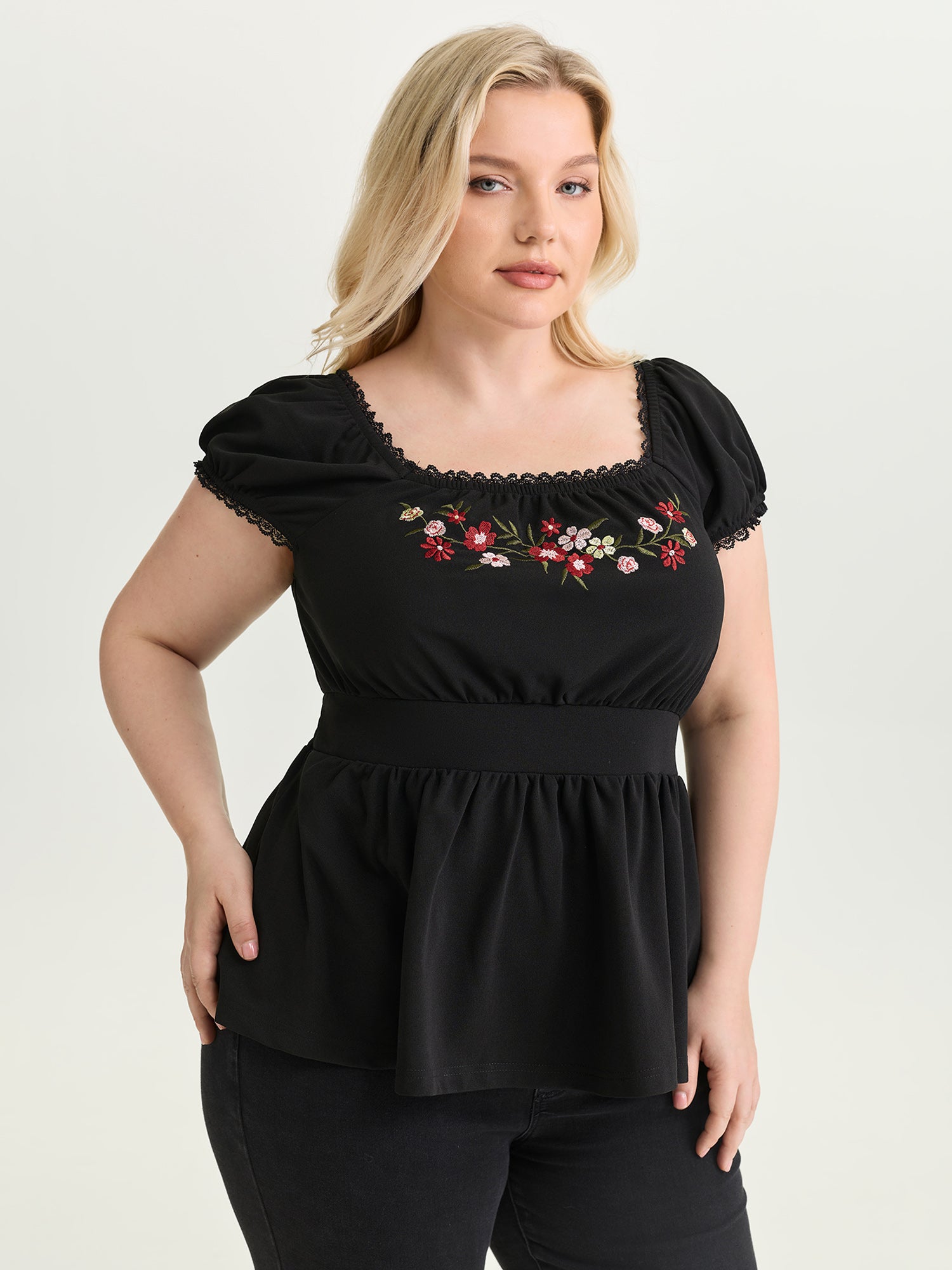 Floral Embroidered Babydoll Plain Knit Top