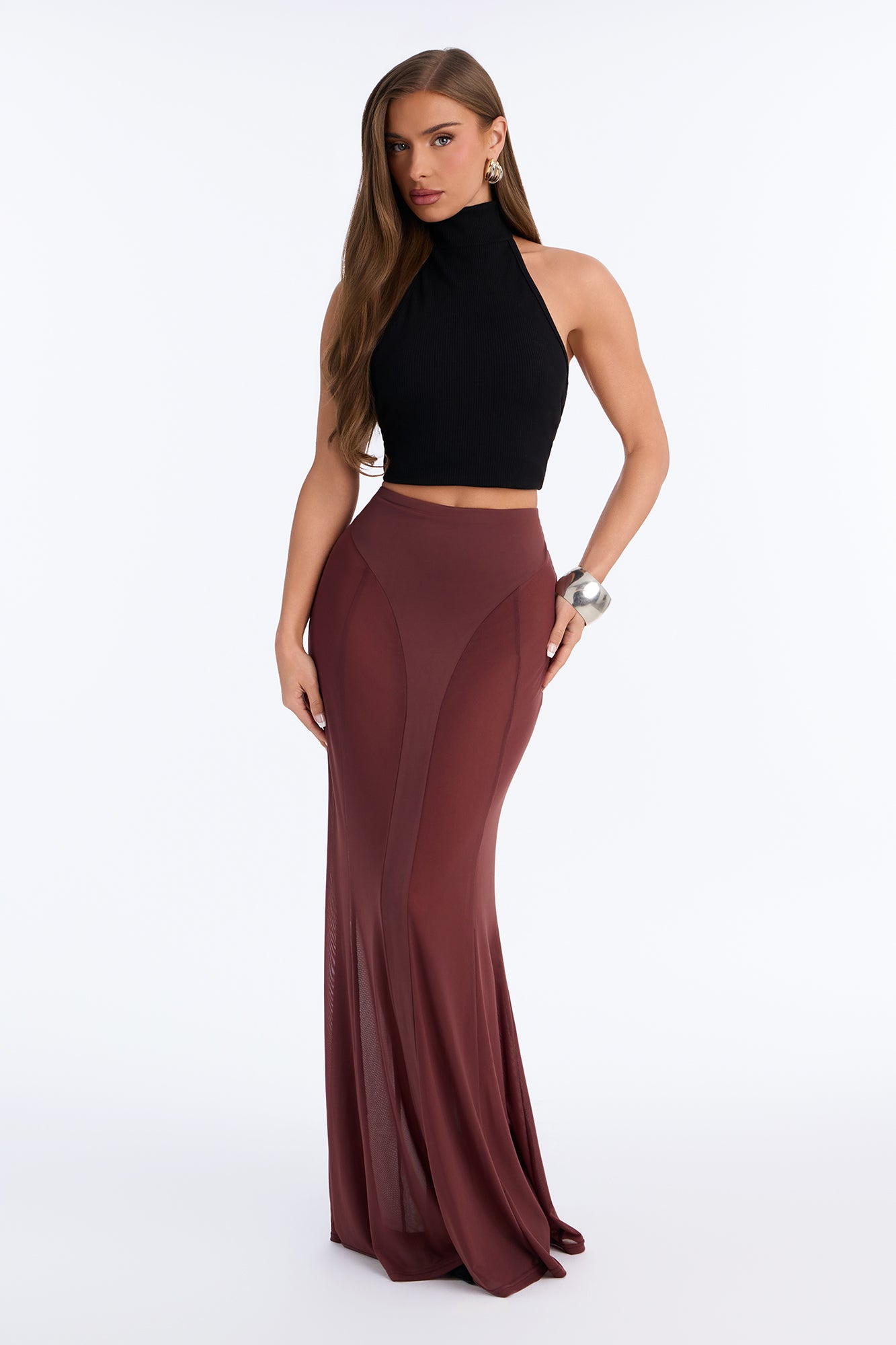 Fall Fling Mesh Mermaid Maxi Skirt - Chocolate