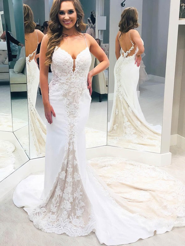 Charming V-Neck Sleeveless Lace Chapel Train Mermaid Wedding Dresses with Appliques