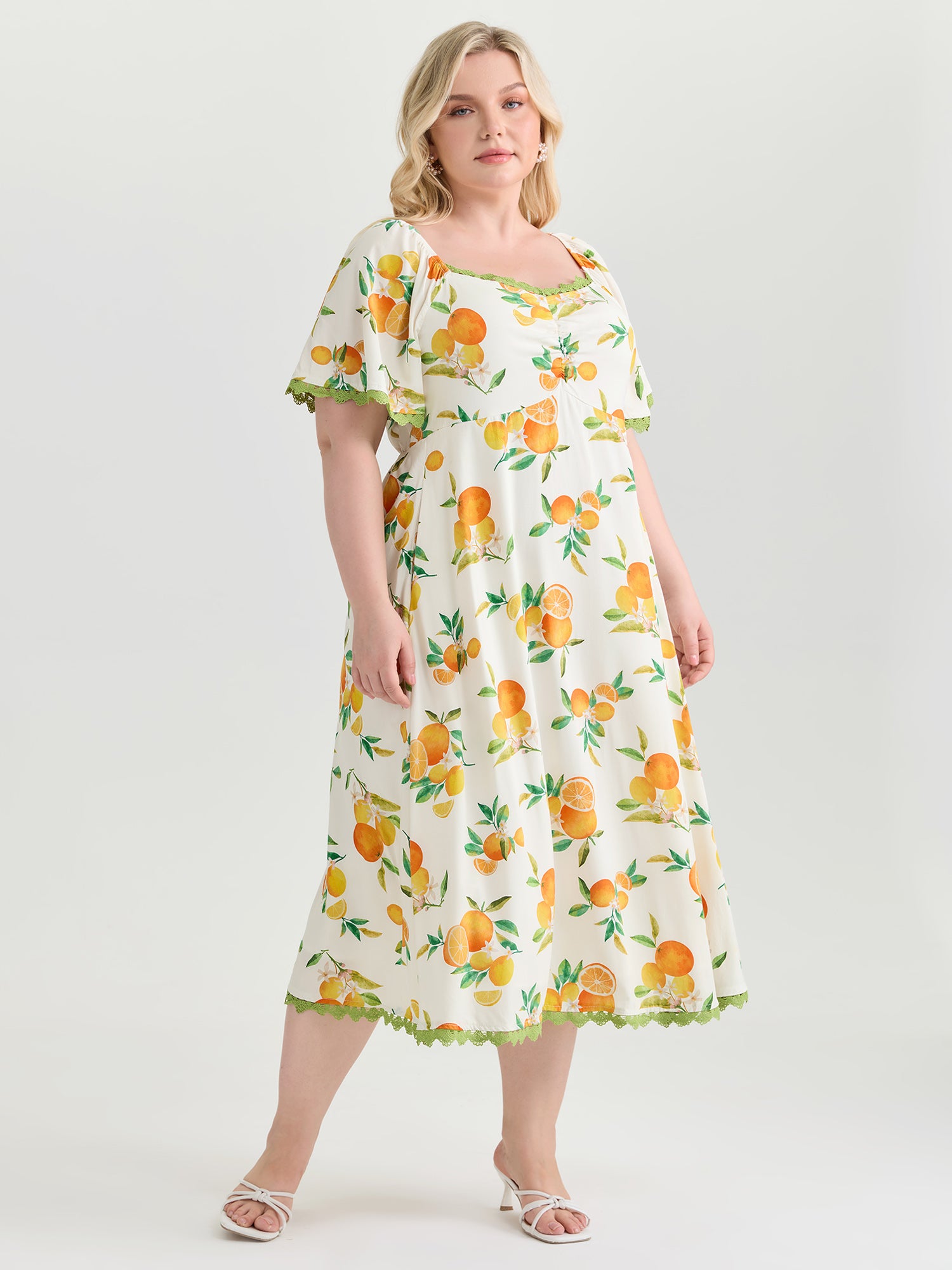 Citrus Print Lace Trim Ruched Midi Dress