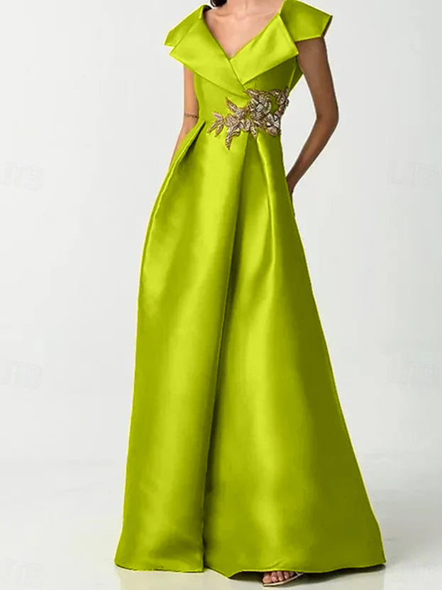 Short Sleeve V-Neck Satin A-Line Dress with Rhinestones for the Mother of the Bride