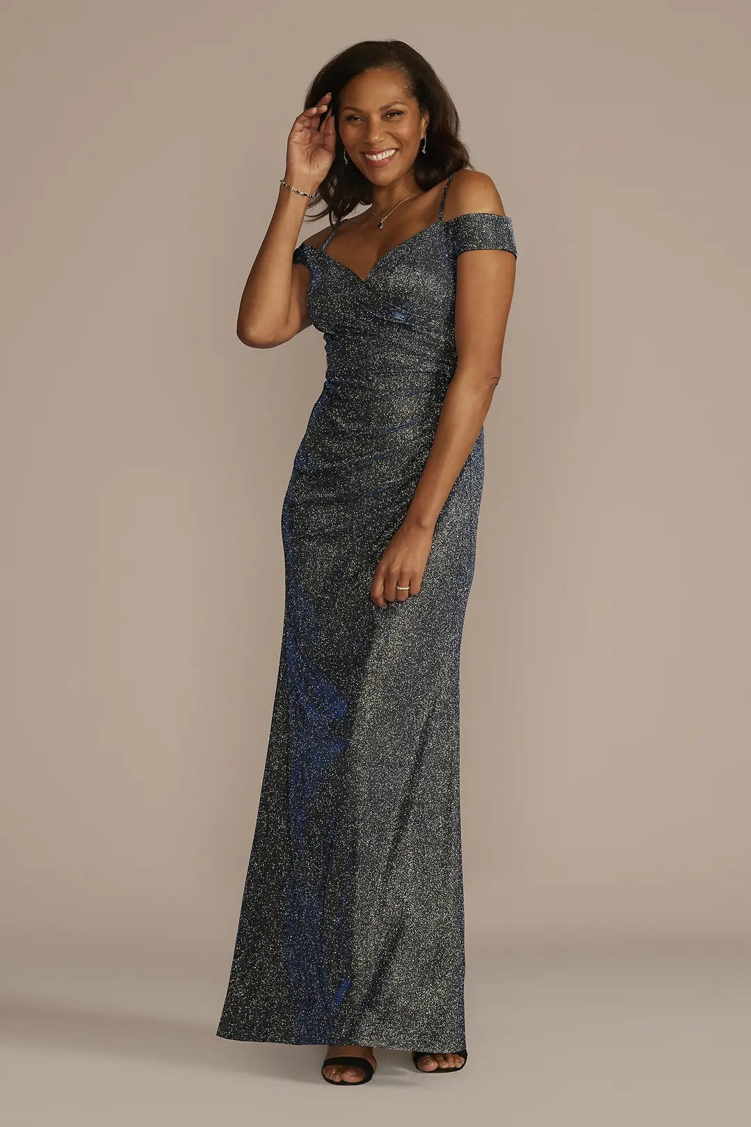 Off-the-Shoulder Metallic Sheath Gown