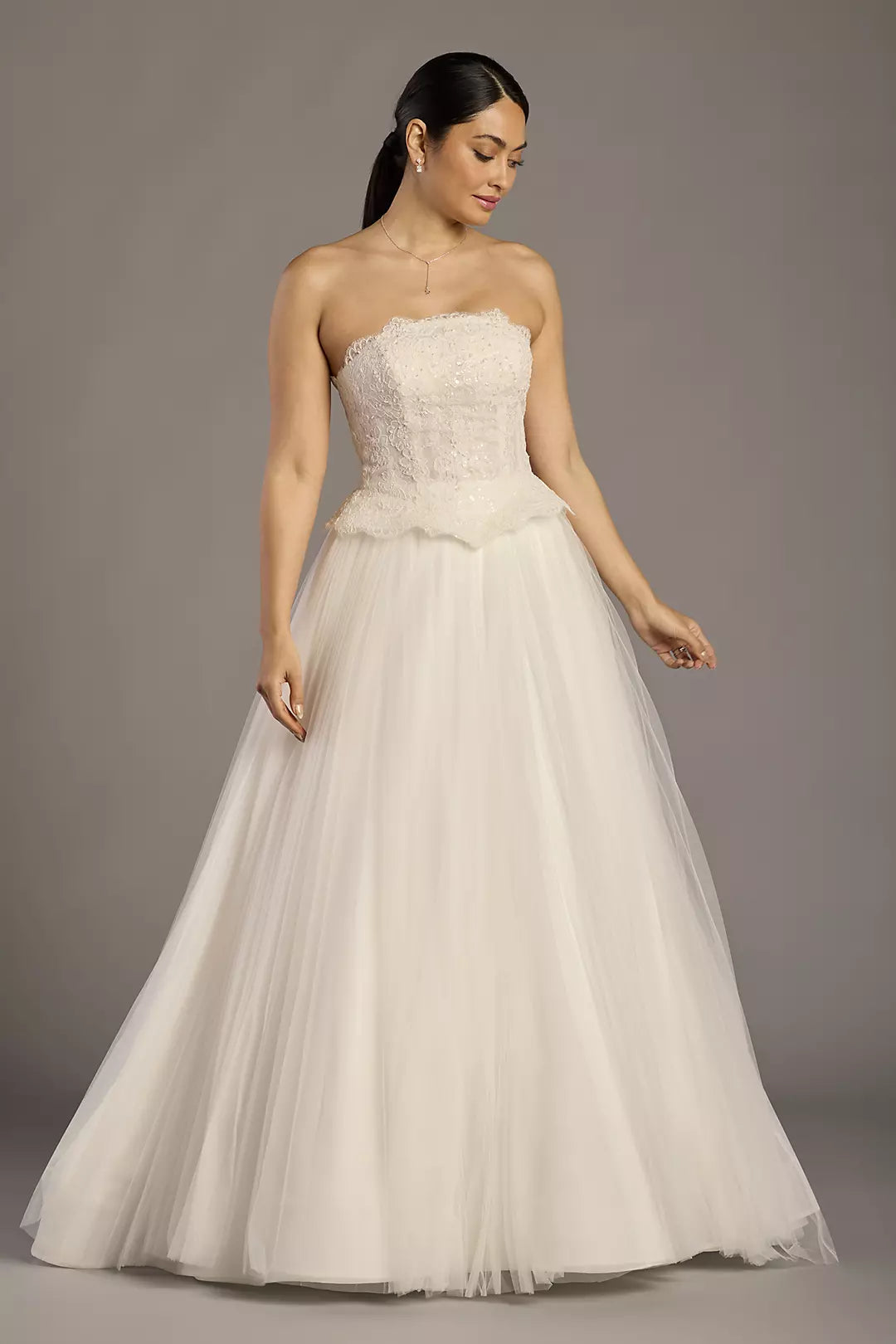 Lace Peplum Strapless Ball Gown Wedding Dress