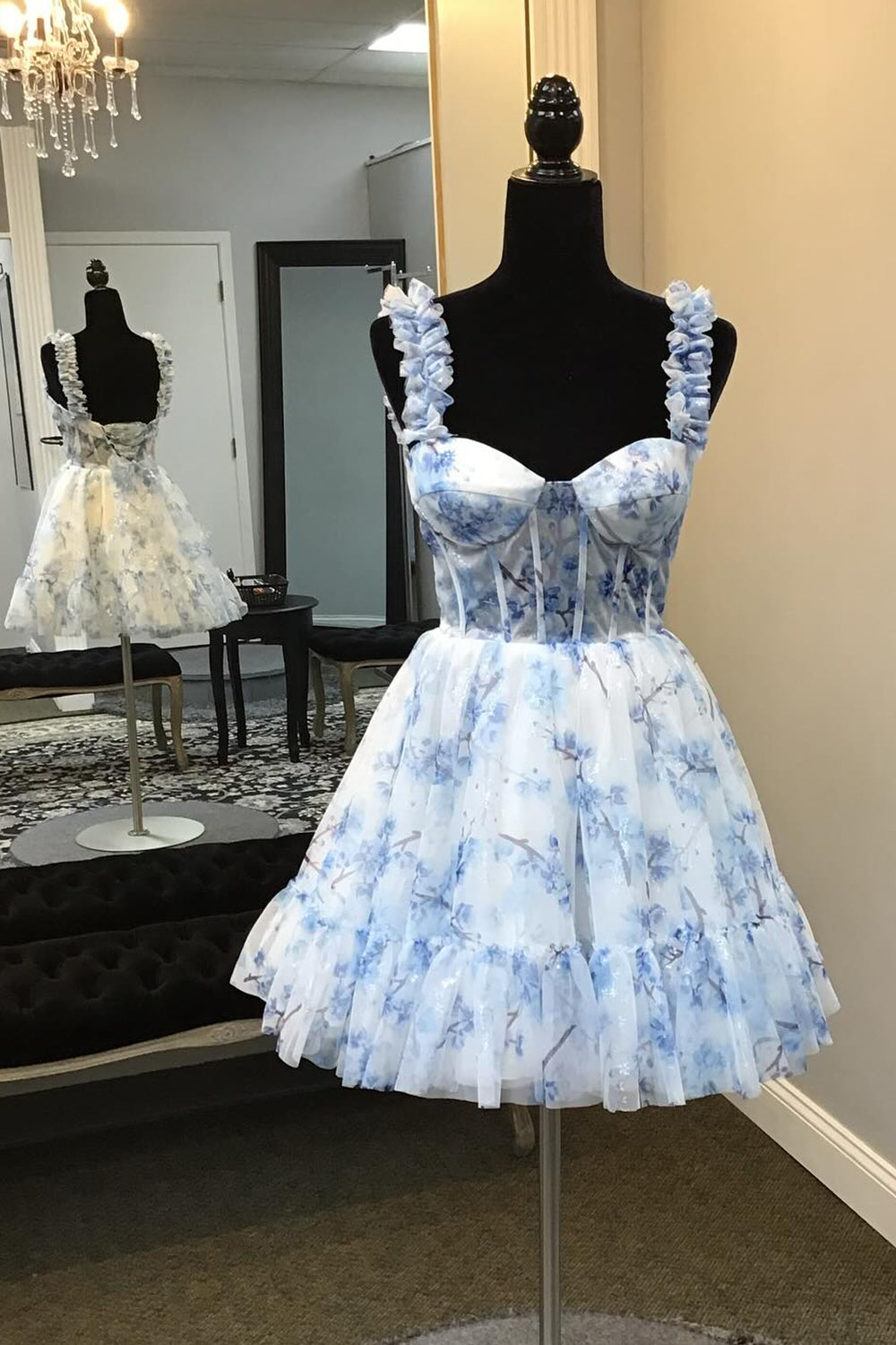 Blue Corset A Line Floral Printed Short Homecoming Dress/Mini Dress