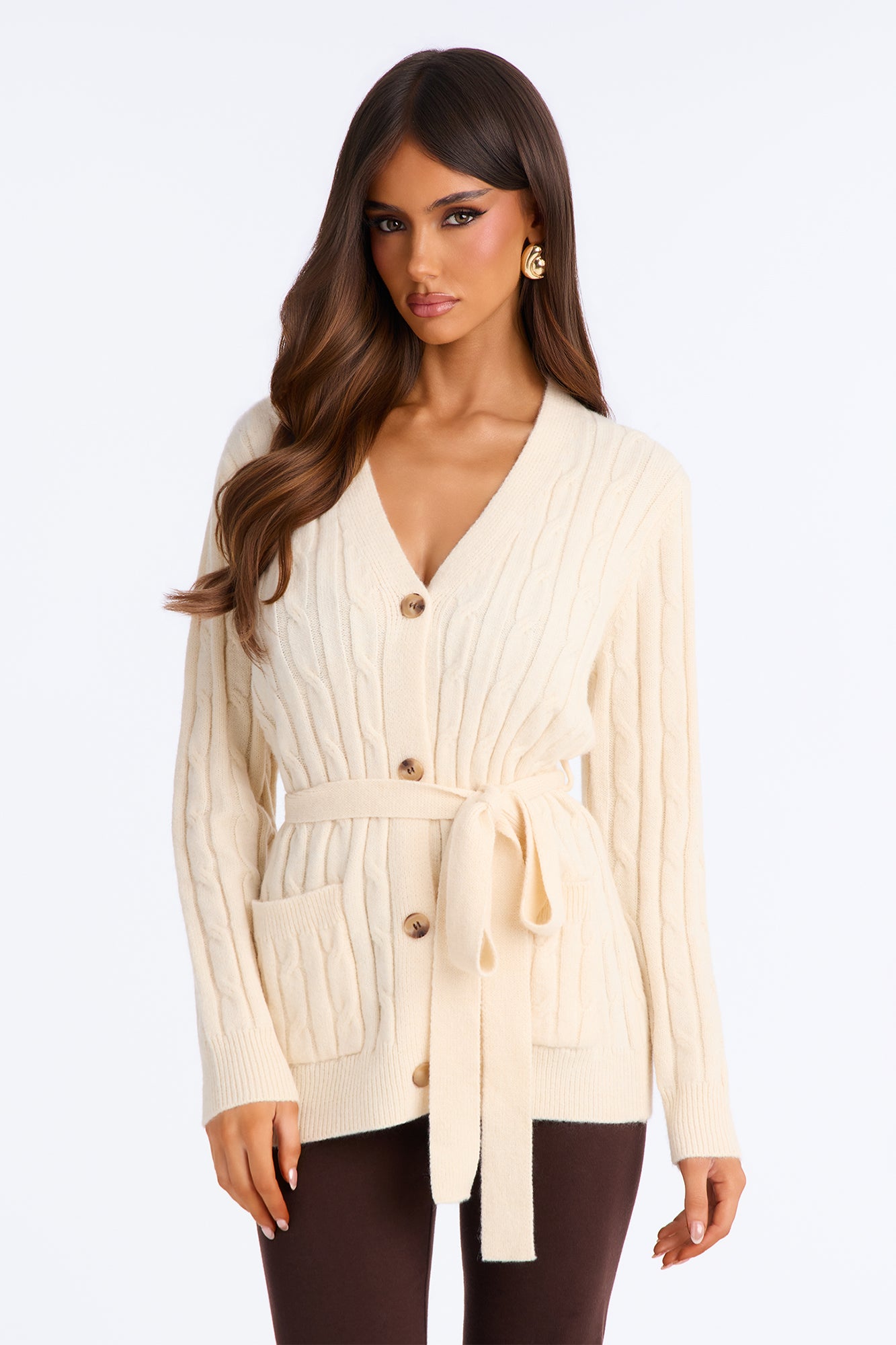 Morning Coffee Belted Button Up Cardigan - Beige