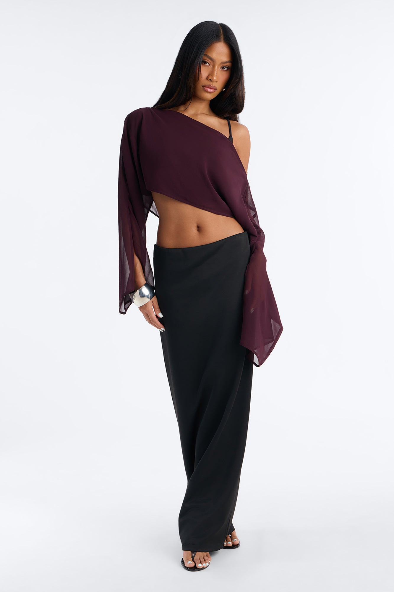 Bad Ideas Cropped Chiffon One Shoulder Blouse - Plum