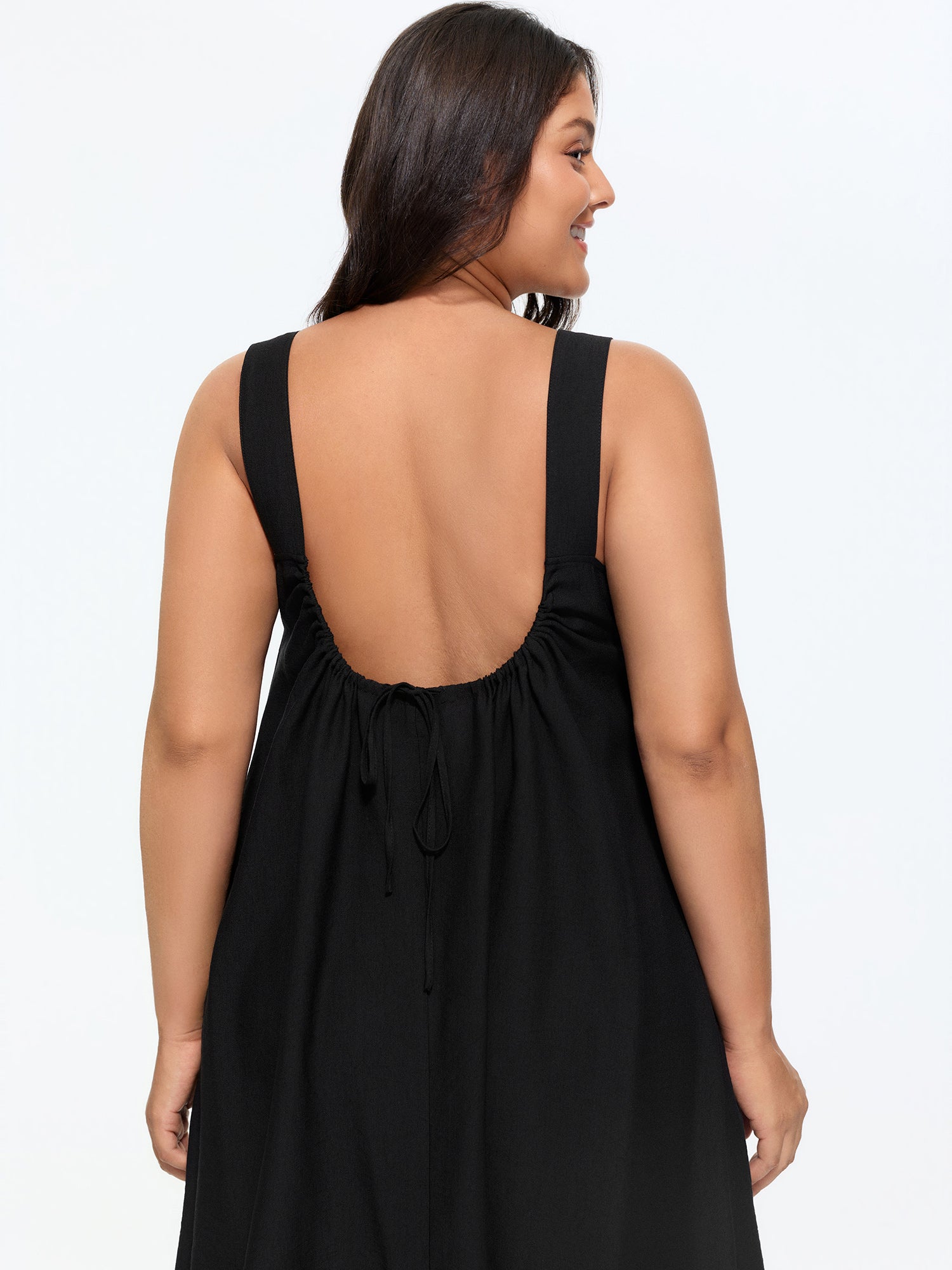 Square Neck Backless Drawstring Midi Dress