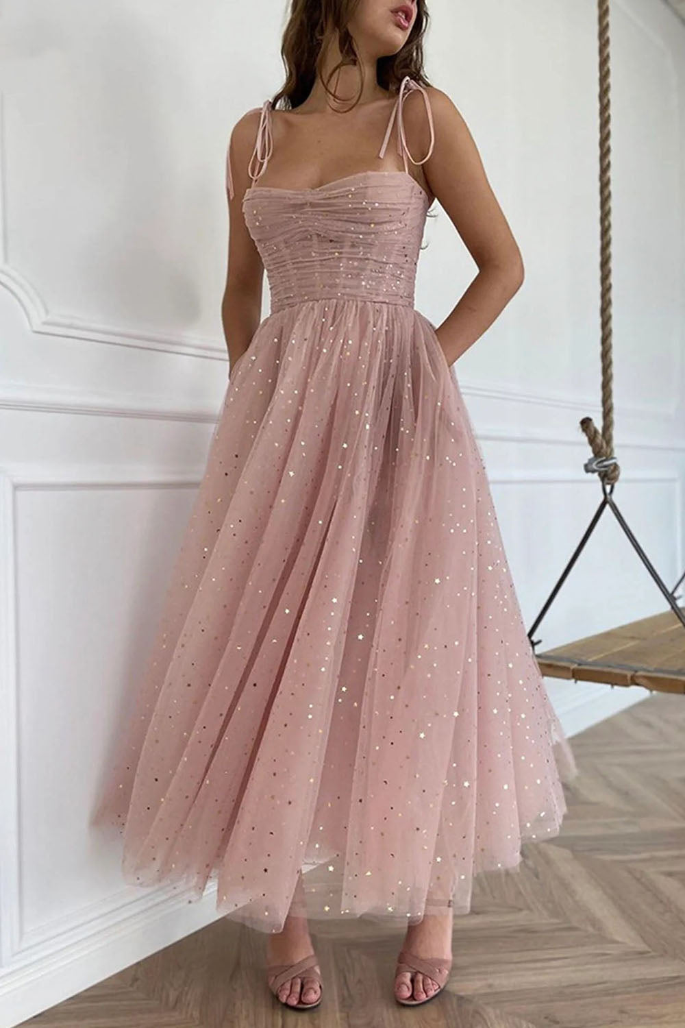 Blush Tea-Length Prom Dress with Spaghetti Straps in A-Line Silhouette