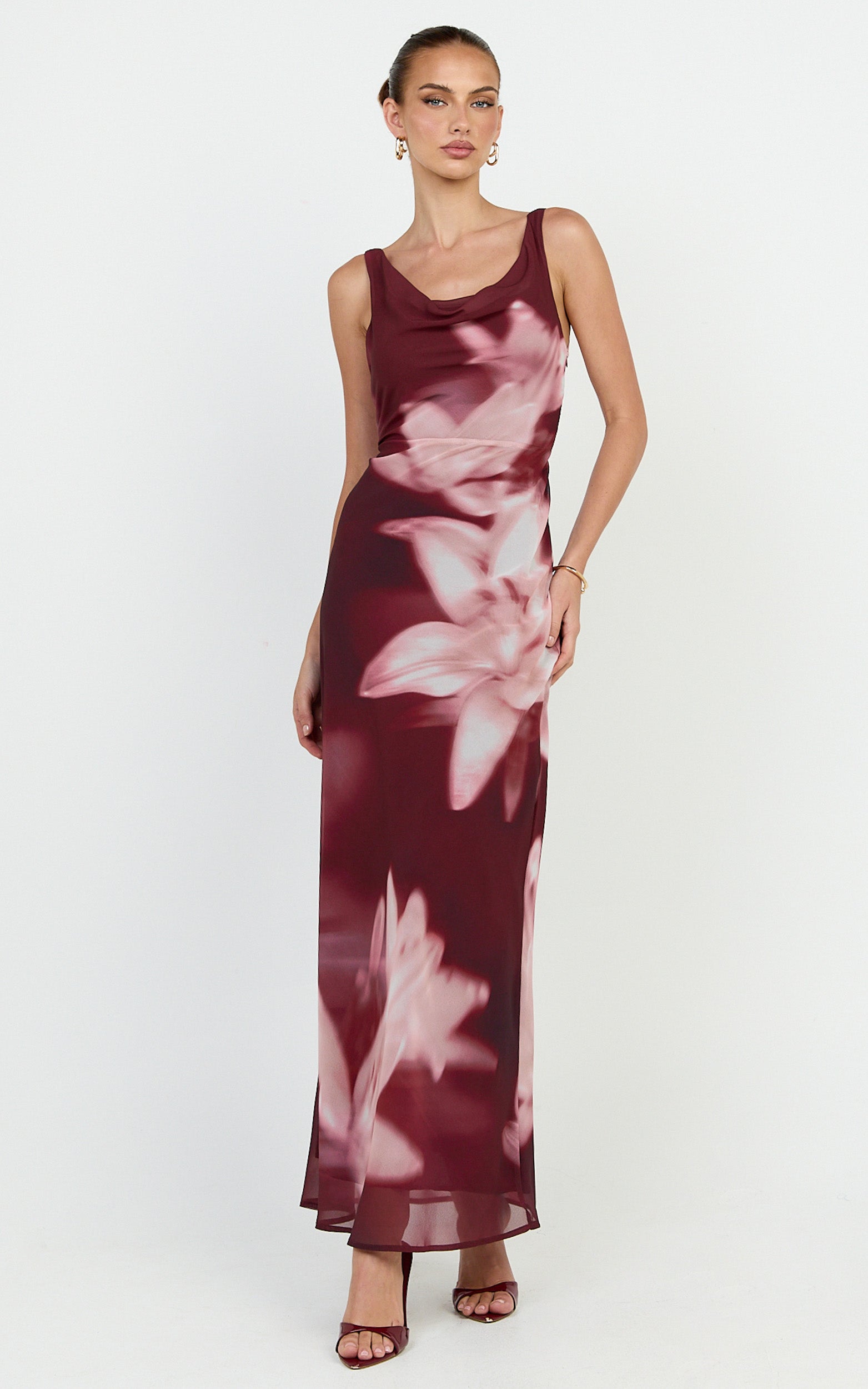Myra Maxi Dress - Cowl Neck Scoop Back Slip Dress in Maroon Lily Print