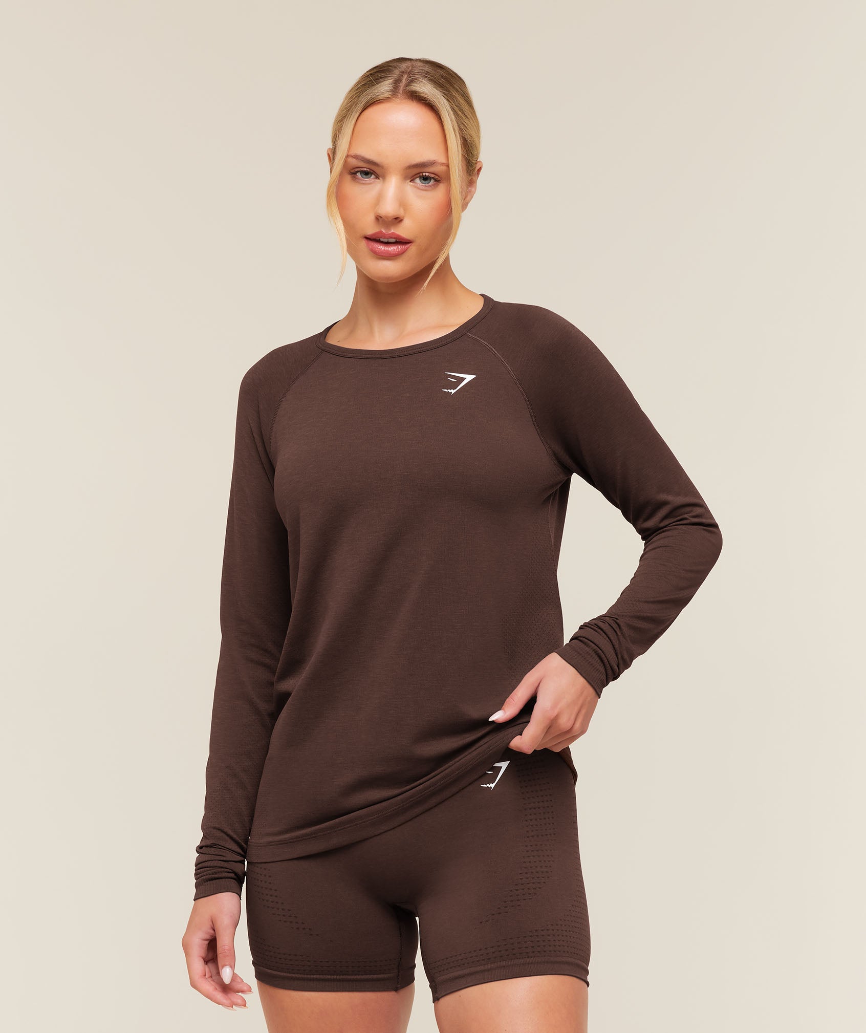 Gymshark Vital Seamless 2.0 Light Long Sleeve Top - Rich Espresso Brown/Marl