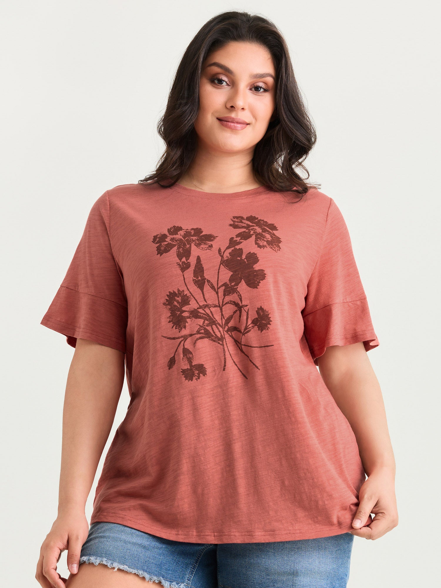 Cotton Floral Print Round Neck T-Shirt