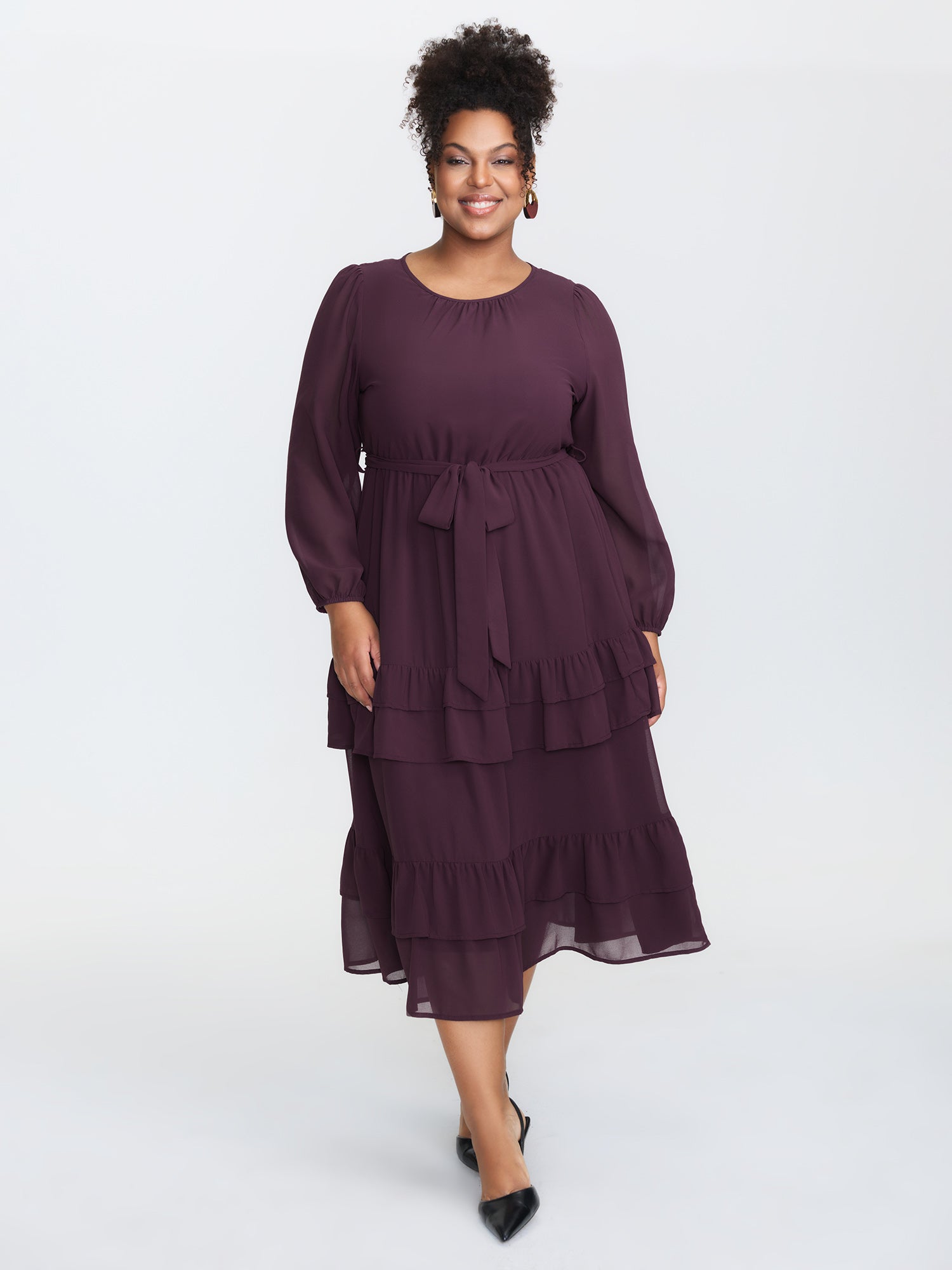 Sheer Tiered Ruffled Hem Pockets Midi Dress