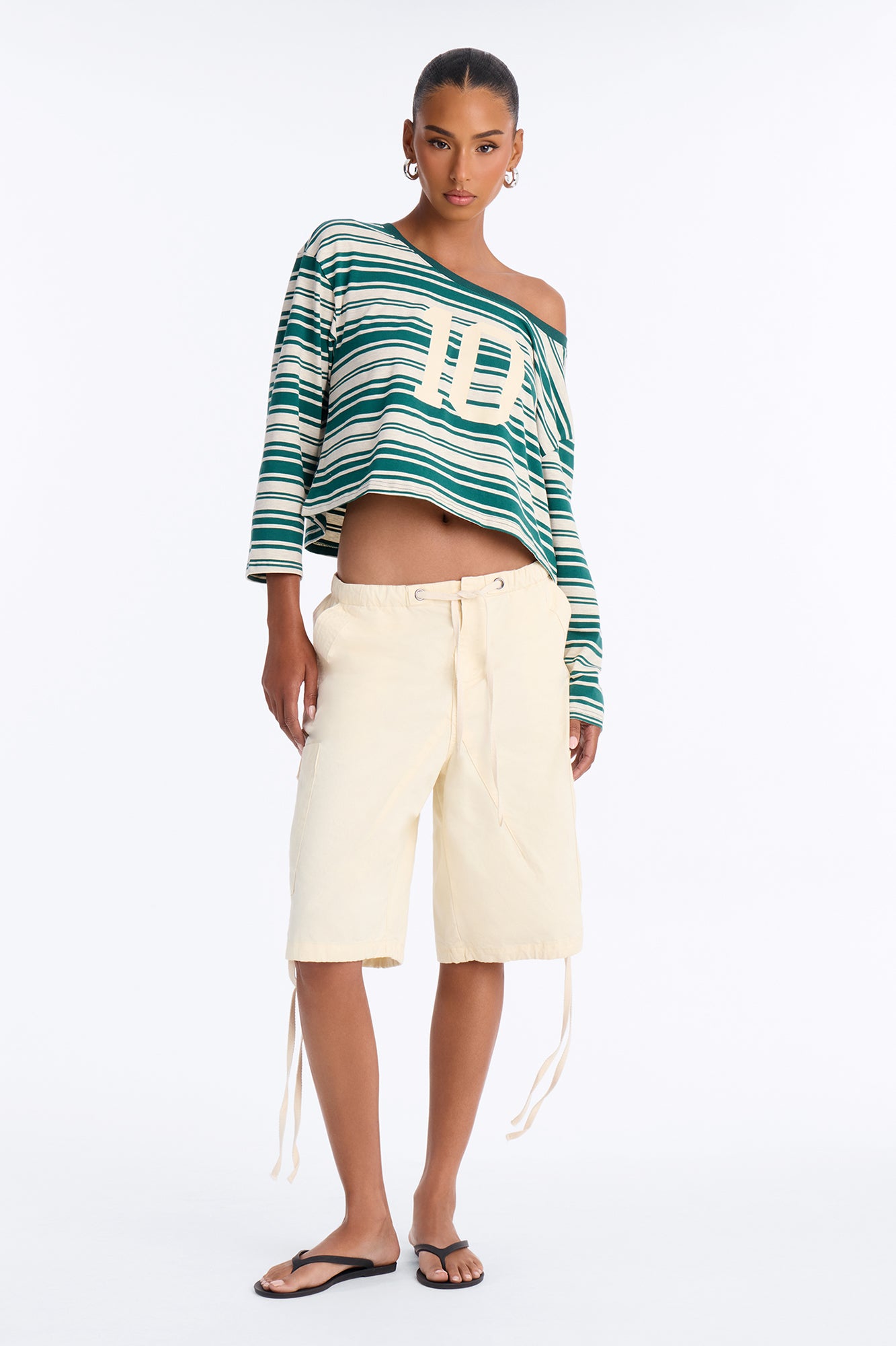 Sporty And Some Stripes Off Shoulder Tee - Hunter