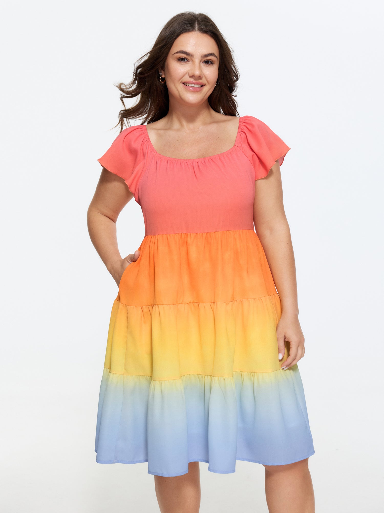 Color Contrast Tiered Pockets Mini Dress
