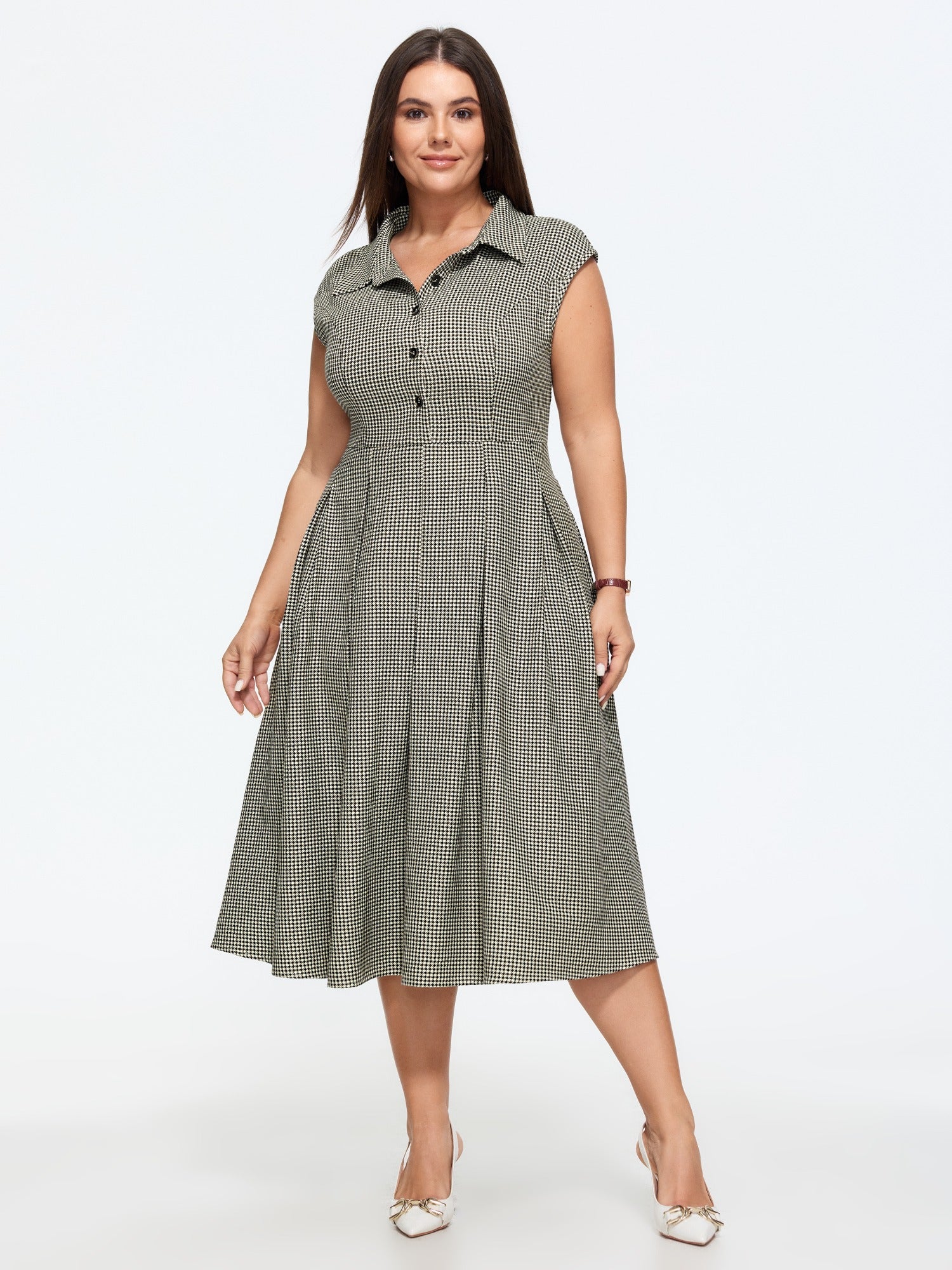 Gingham Button Front Pleated Midi Dress
