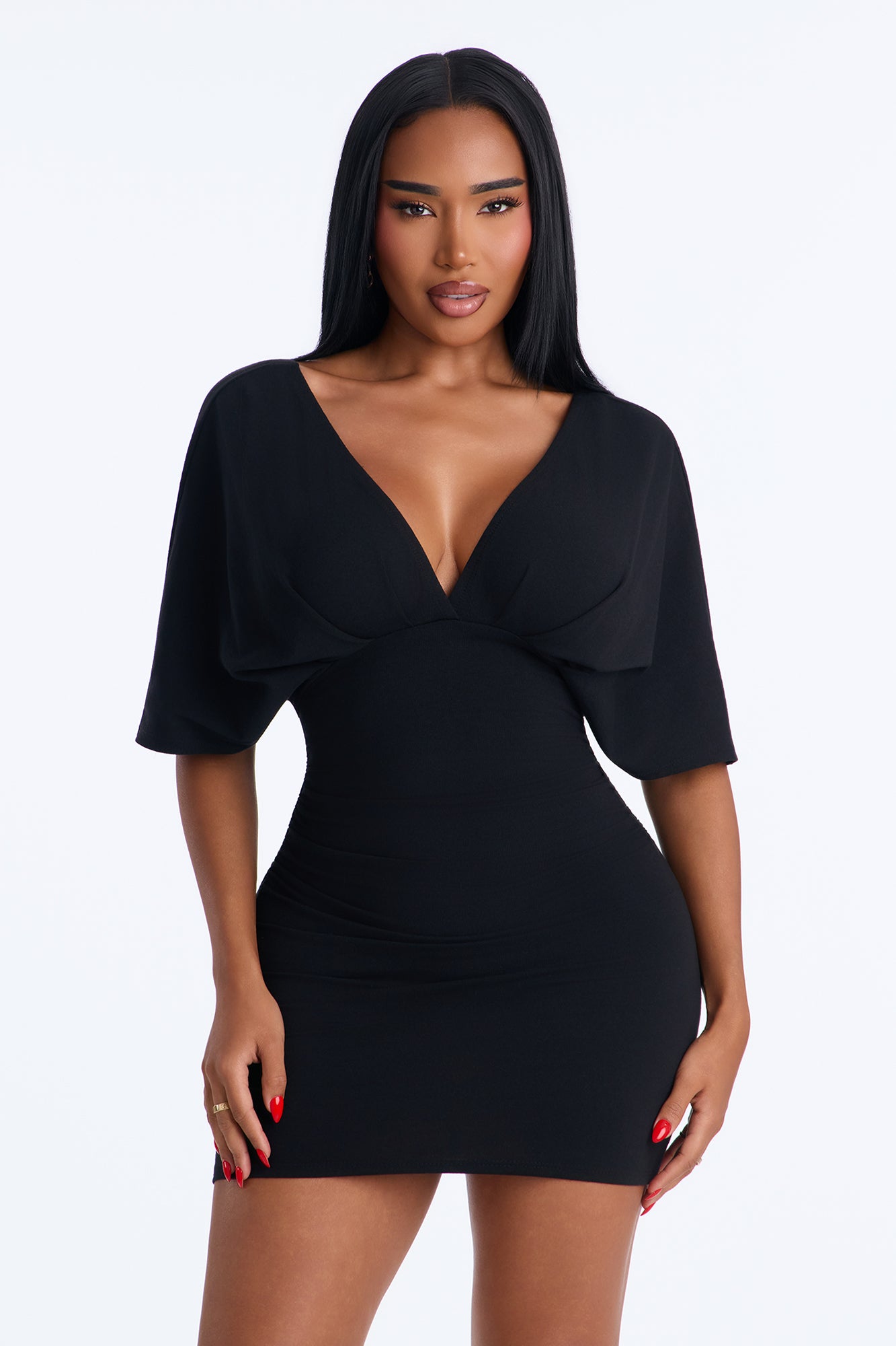 Taylor Cinched Waist Ruched Short Sleeve Mini Dress - Black