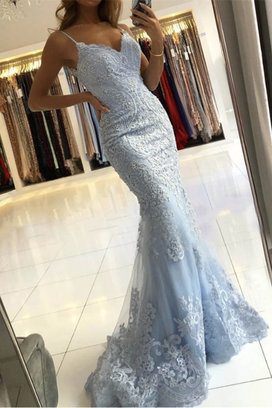 Spaghetti-Straps Mermaid Sky Blue Evening Dress