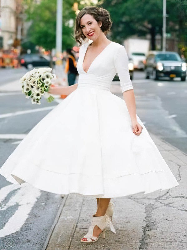 Charming Half Sleeves V-Neck Satin Tea-Length Wedding Dresses