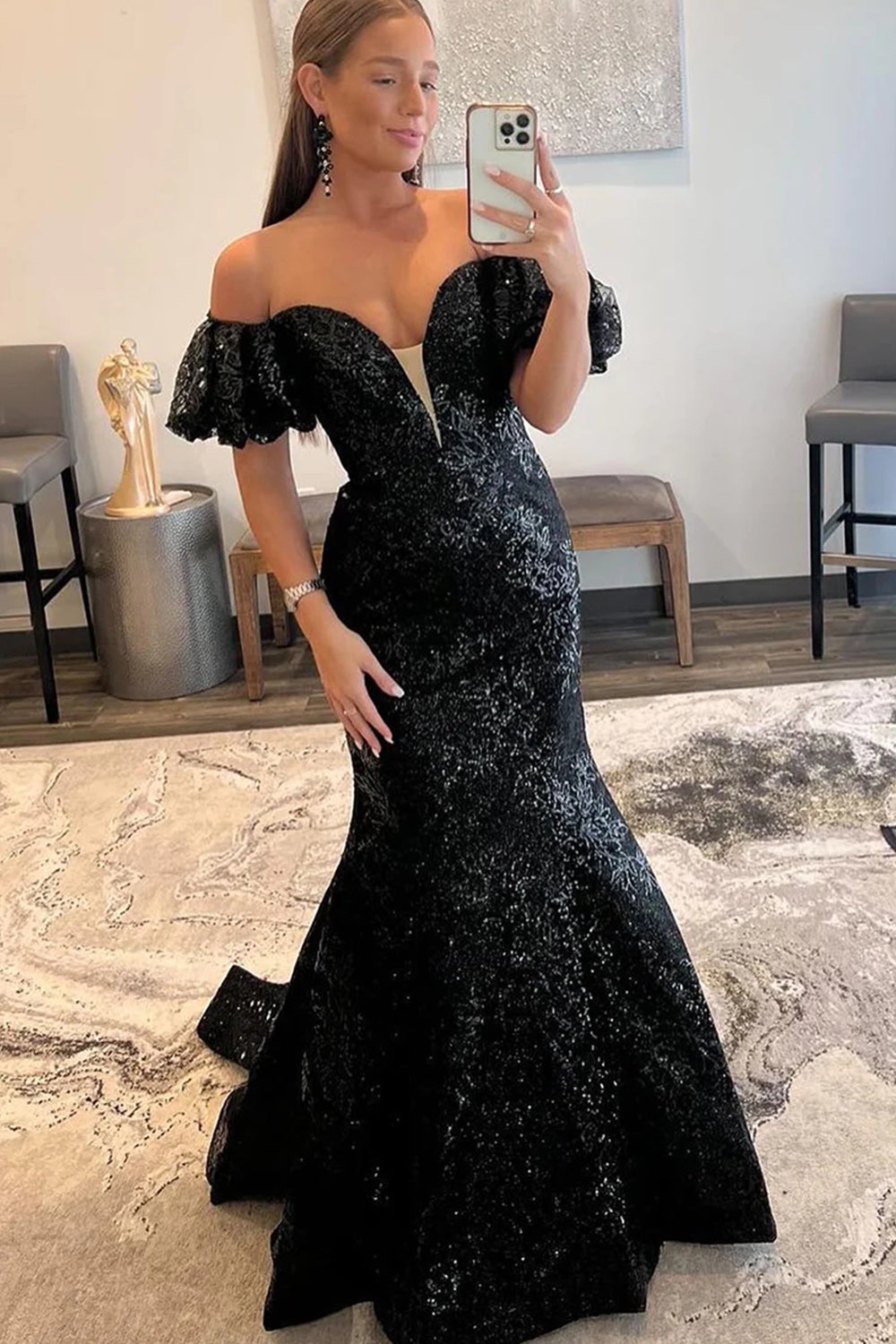 Long Off the Shoulder Prom Dress with Sparkly Black Sequins