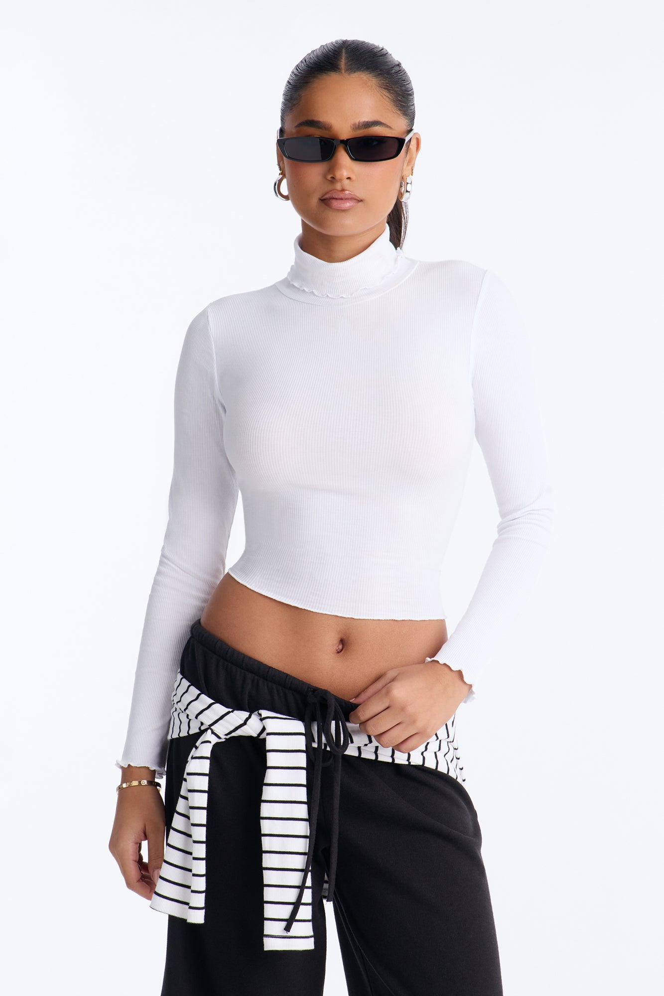 Kai Cotton Turtle Neck Lettuce Edge Long Sleeve Top - White