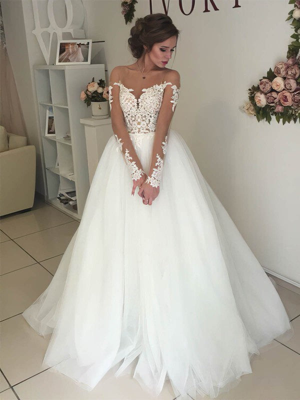 Beautiful Long Sleeves Lace Tulle A-Line Wedding Dresses with Sweep Train