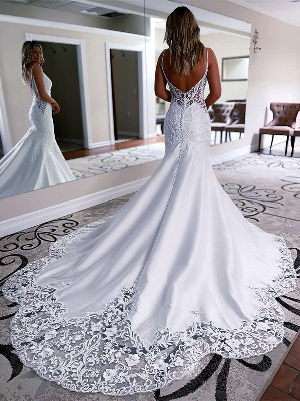 Sexy Trumpet Spaghetti Straps V-Neck Satin Backless Court Train Wedding Dresses