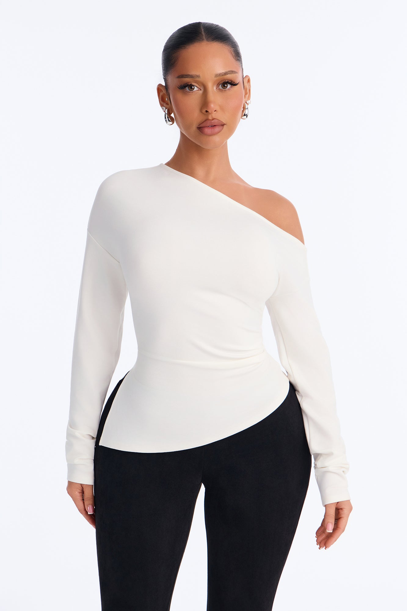 Stella Off Shoulder Asymmetrical Long Sleeve Top - Cream