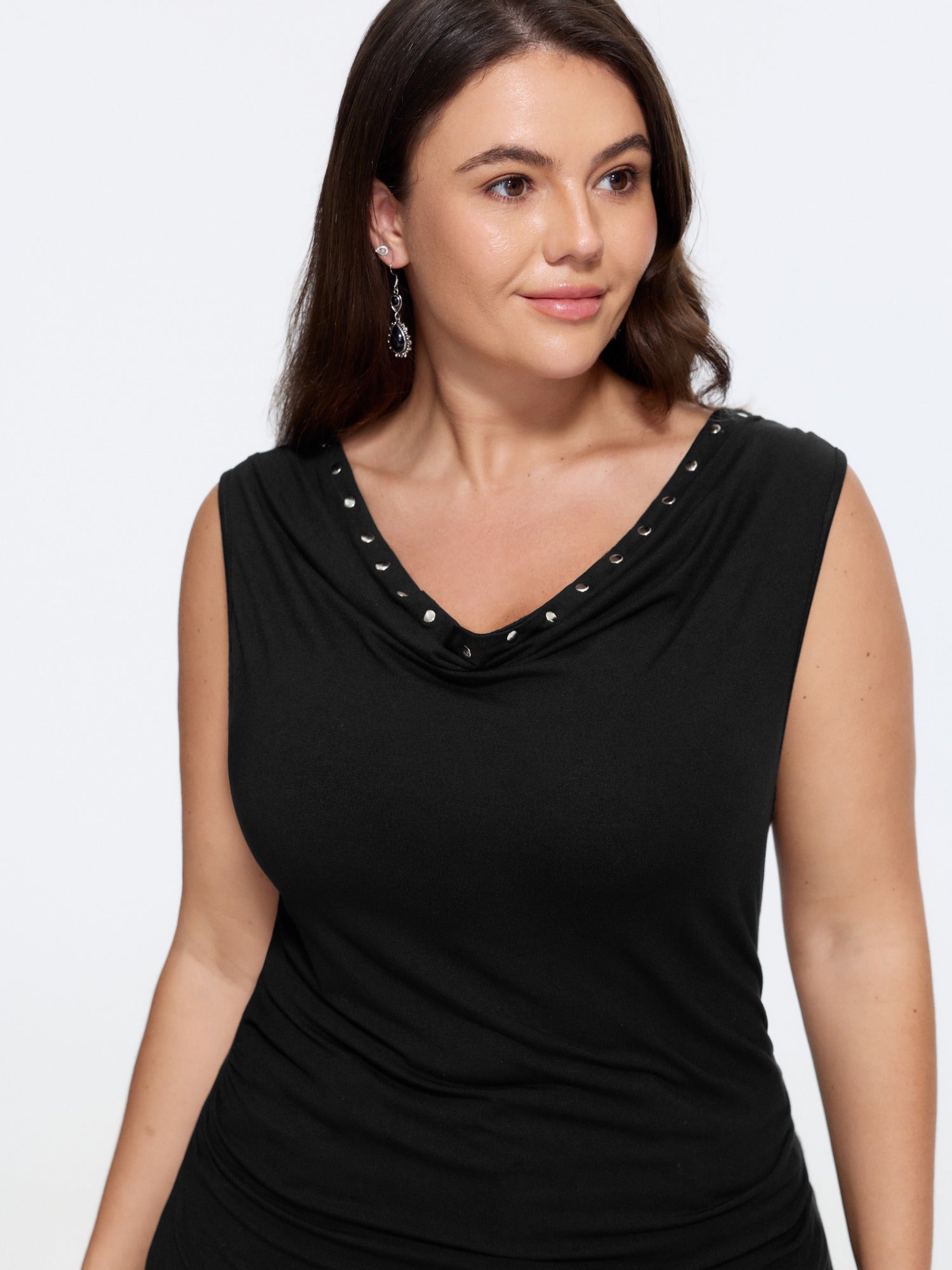 Rivet Trim Cowl Neck Ruched Side Tank Top